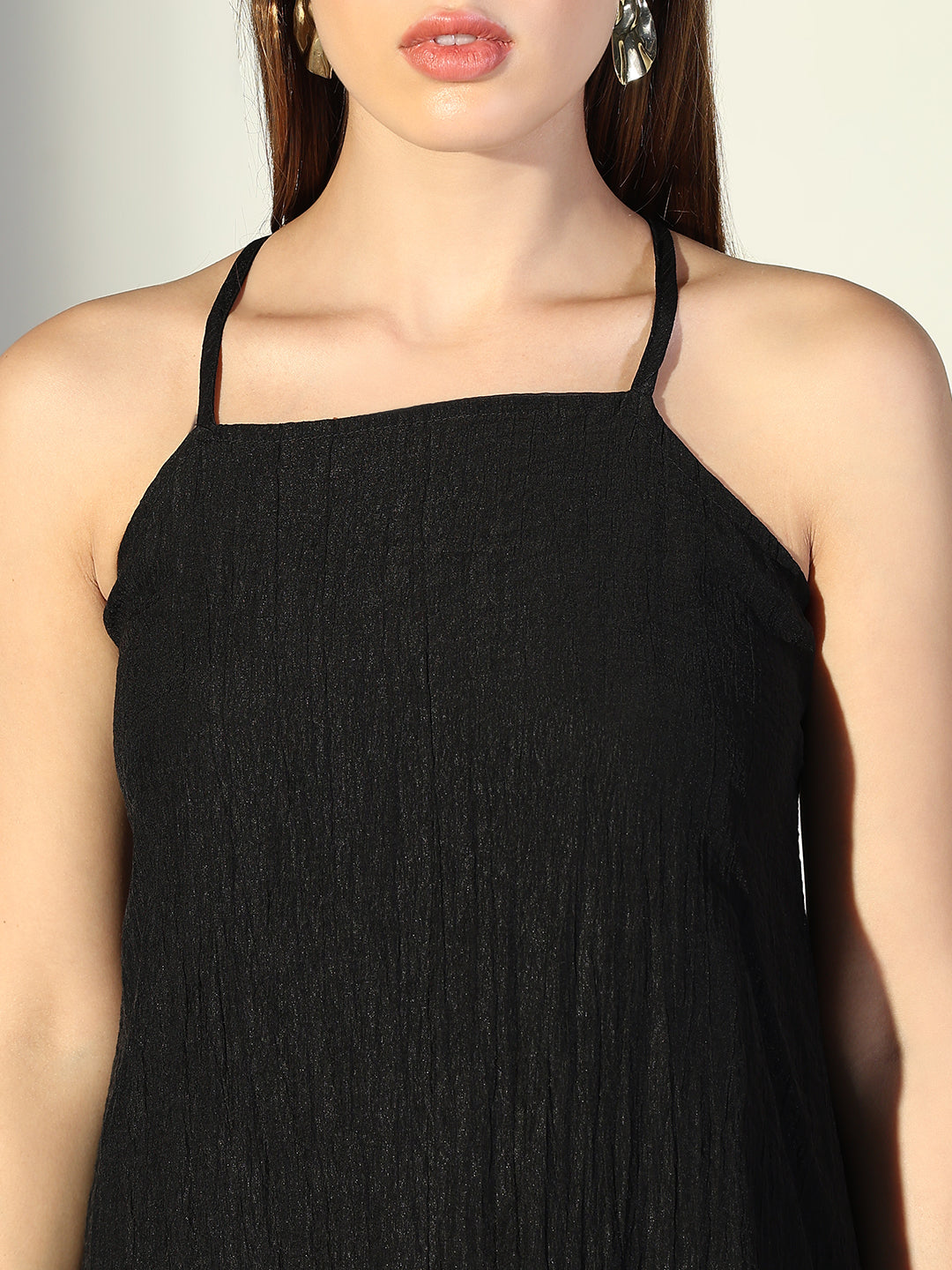 Women Black Solid A Line Dress with Drape Over