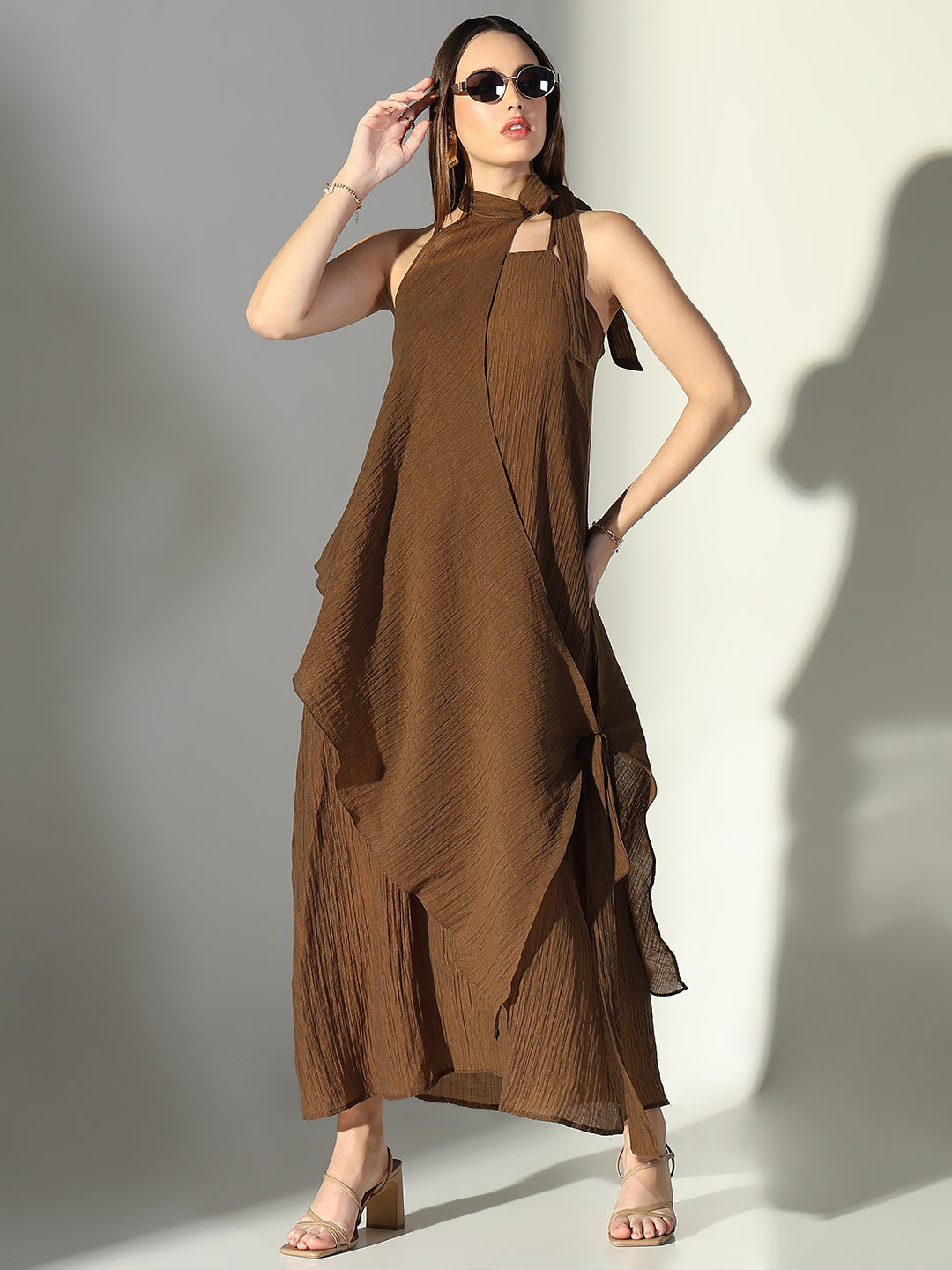 Women Brown Solid A Line Dress with Drape Over