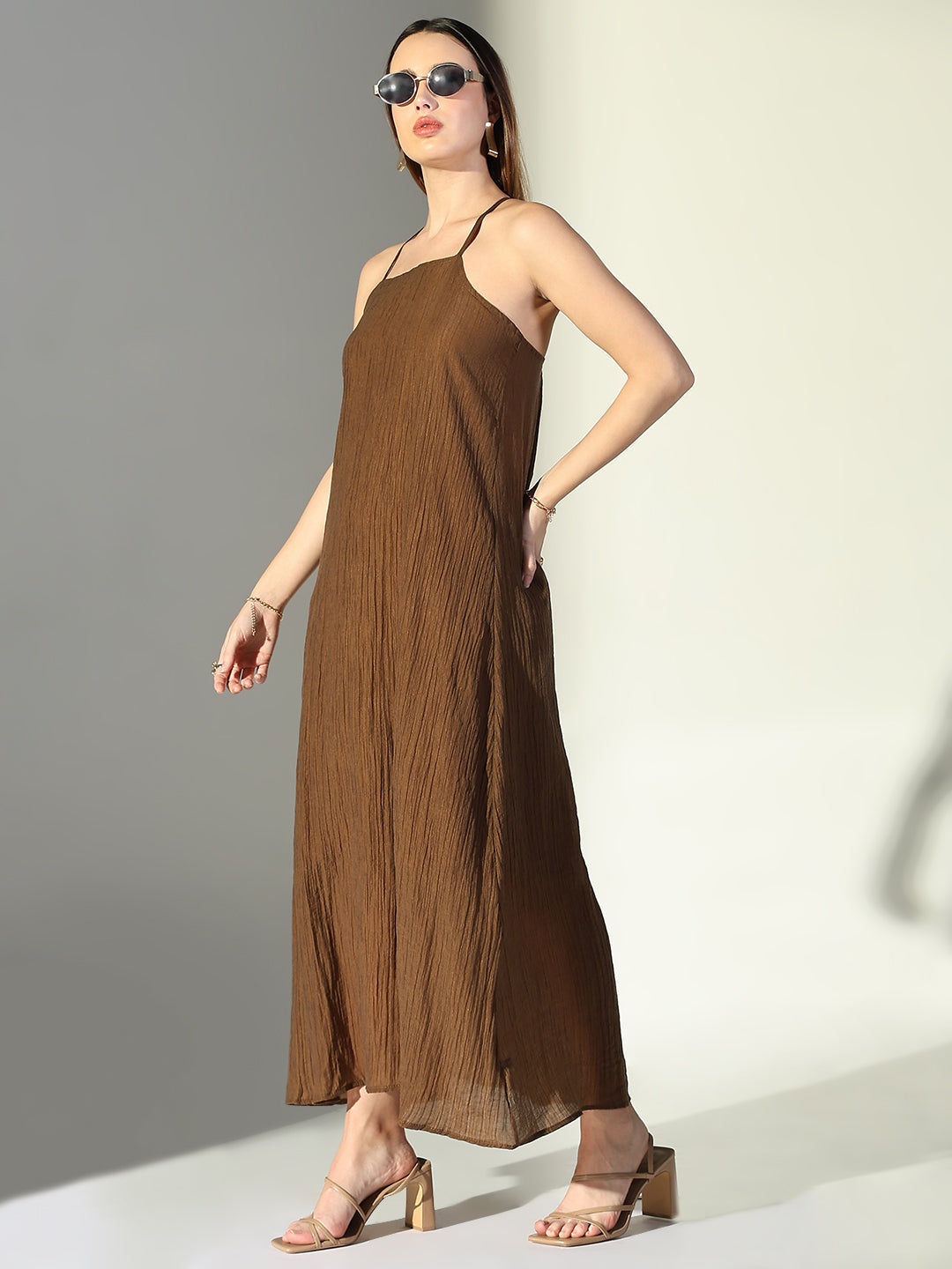 Women Brown Solid A Line Dress with Drape Over