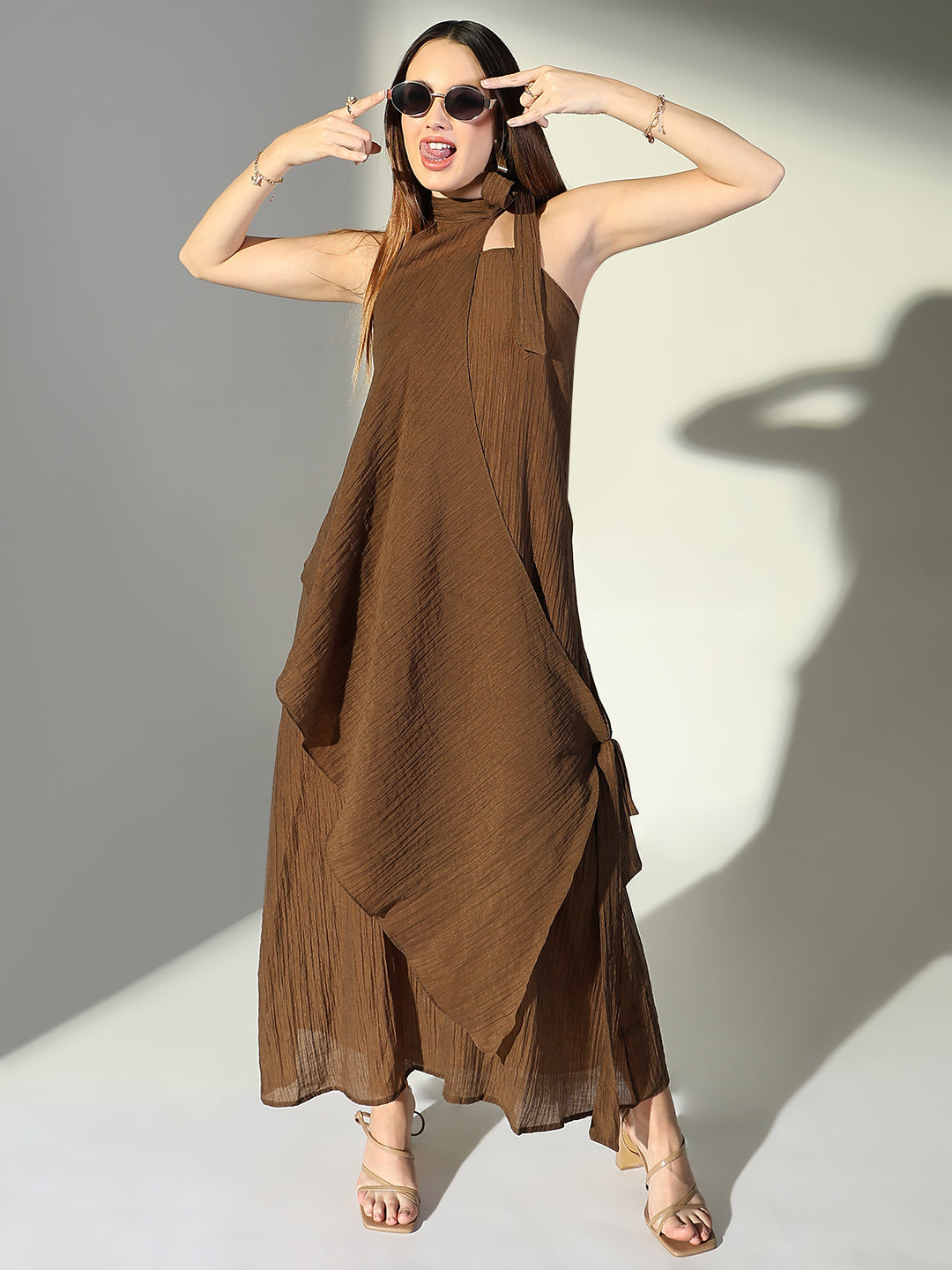 Women Brown Solid A Line Dress with Drape Over