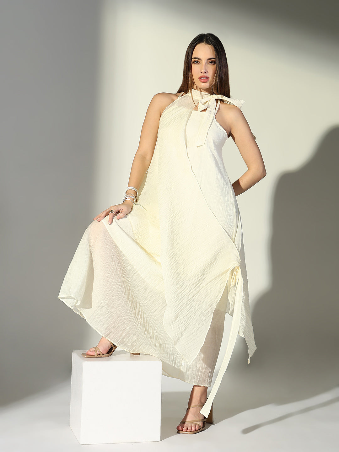 Women Cream Solid A Line Dress with Drape Over