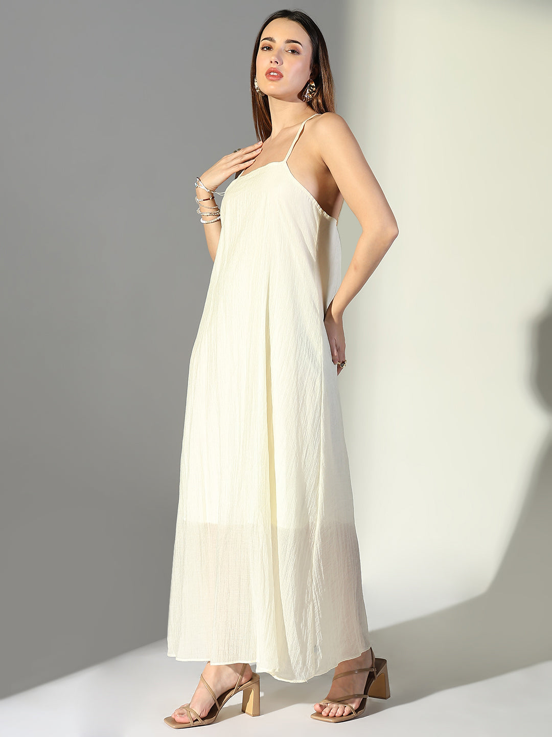 Women Cream Solid A Line Dress with Drape Over