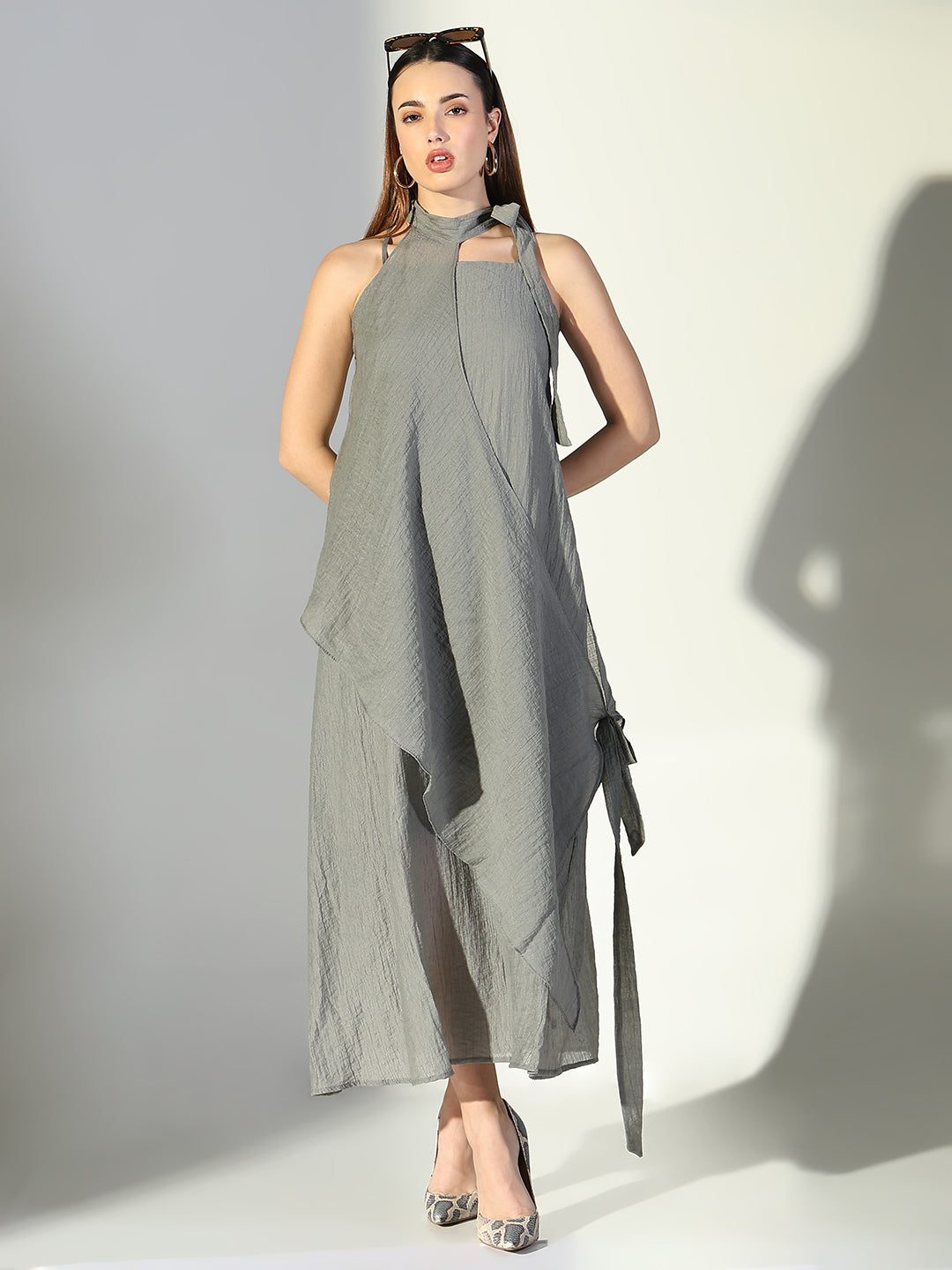 Women Grey Solid A Line Dress with Drape Over