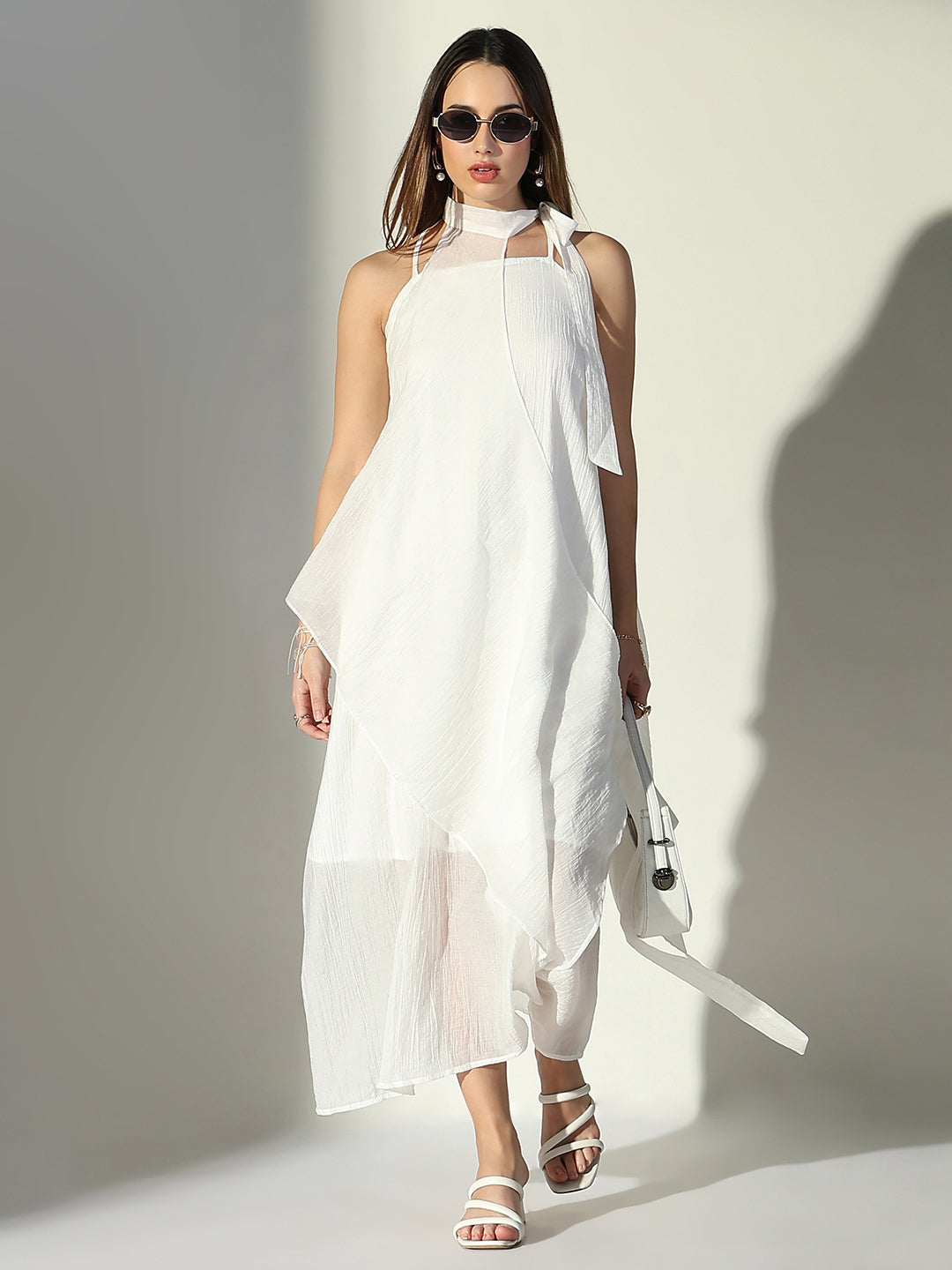 Women White Solid A Line Dress with Drape Over