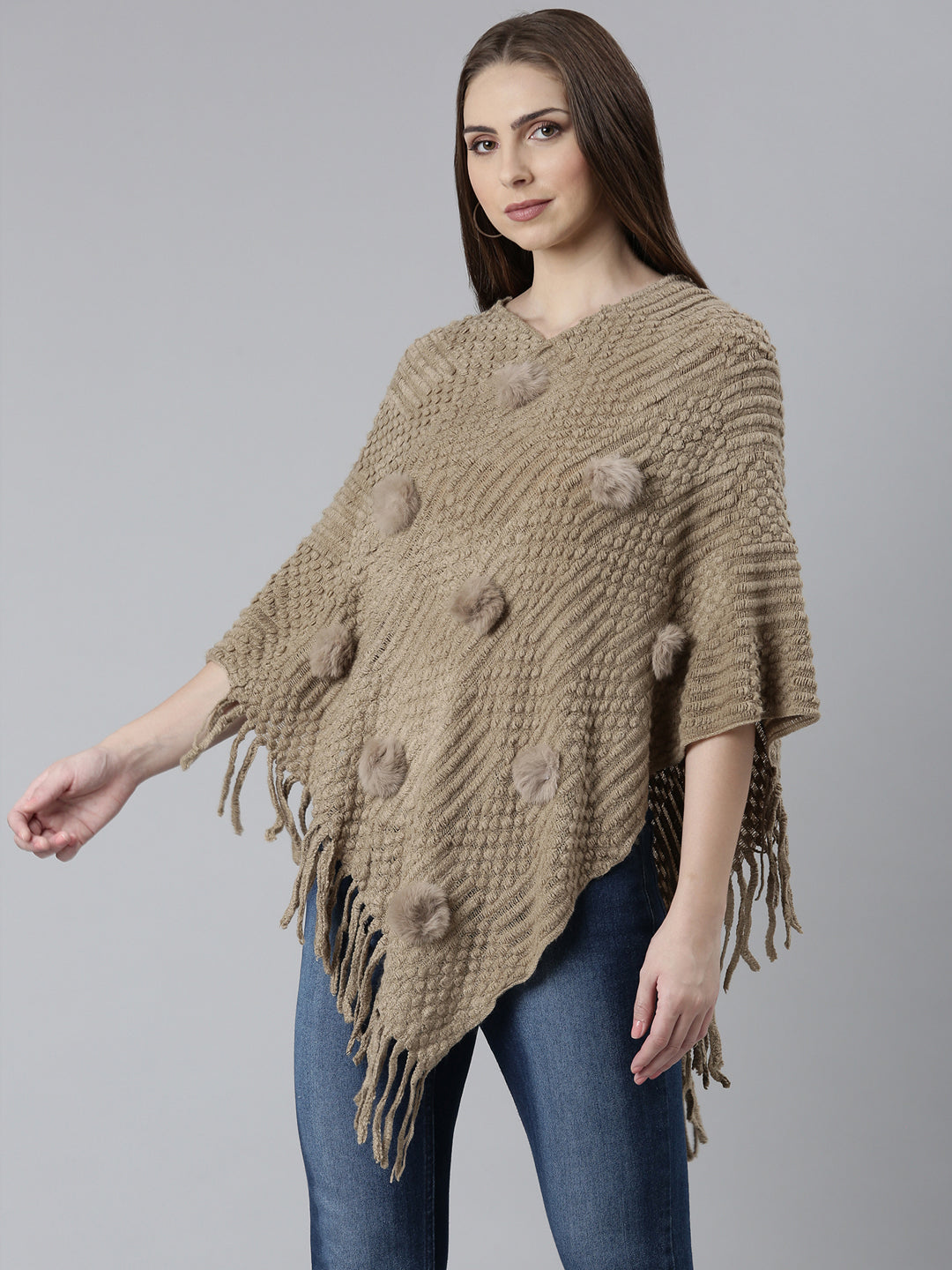 Women Khaki Self Design Poncho