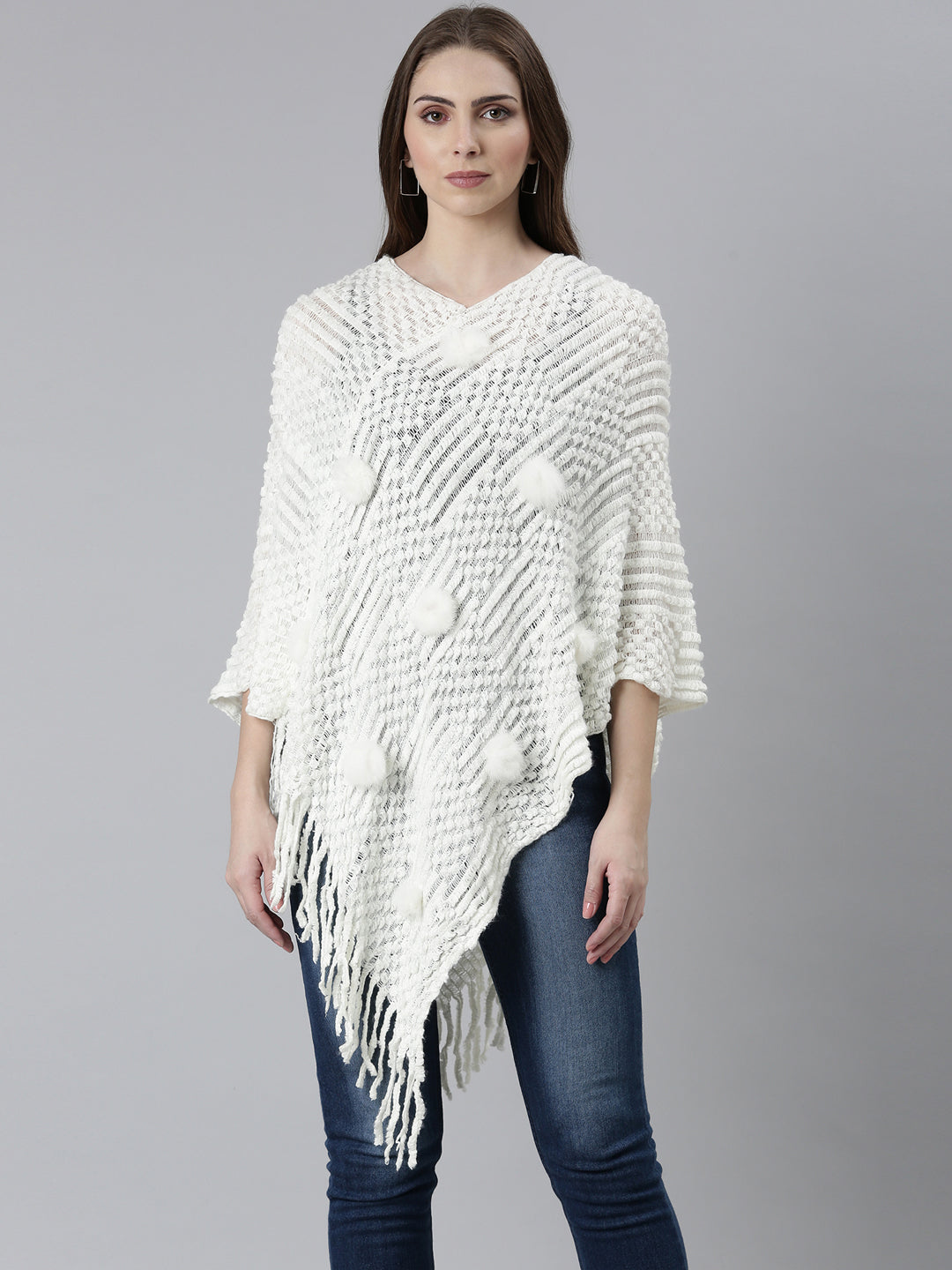 Women Off White Self Design Poncho