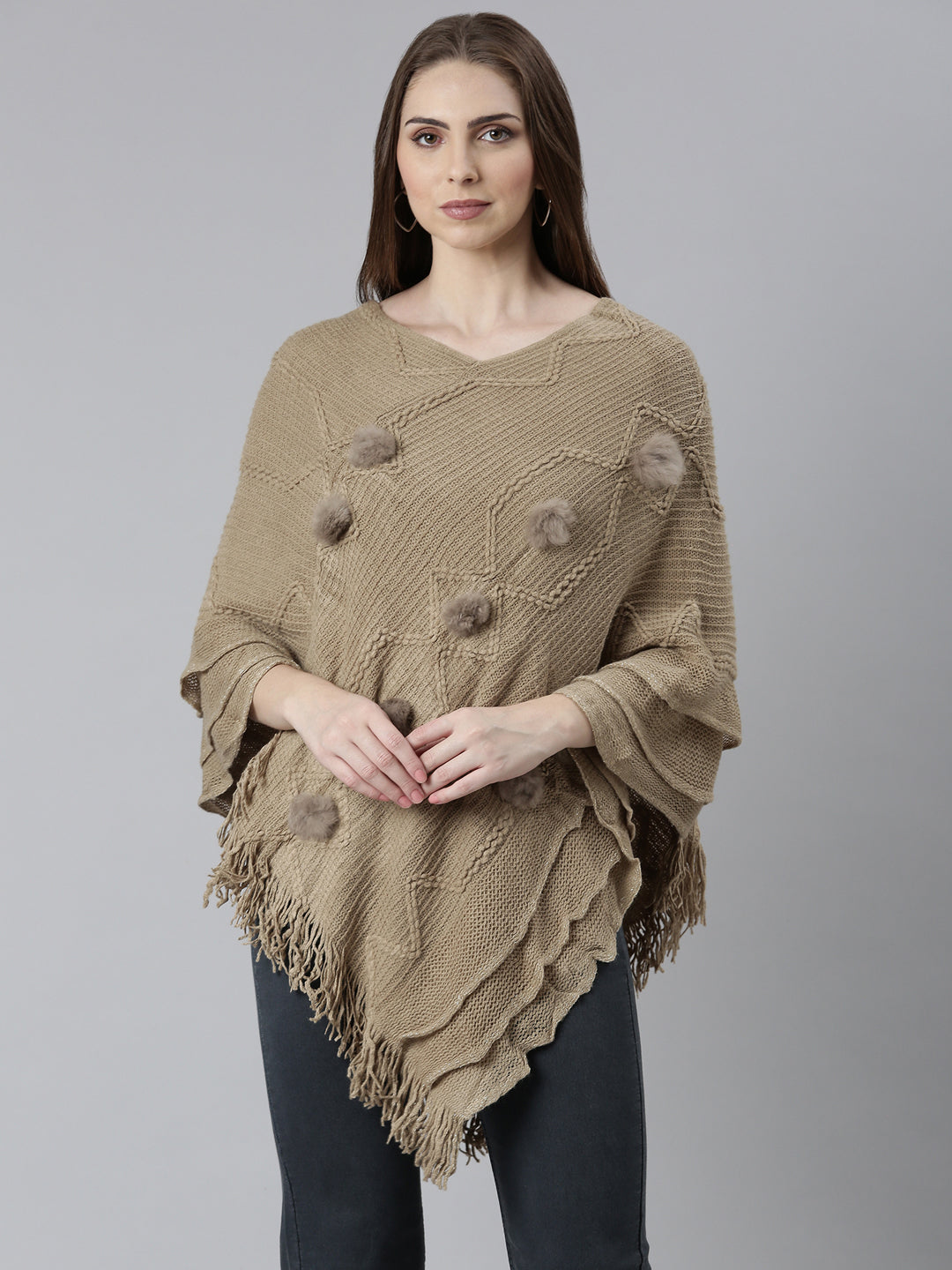 Women Khaki Self Design Longline Poncho