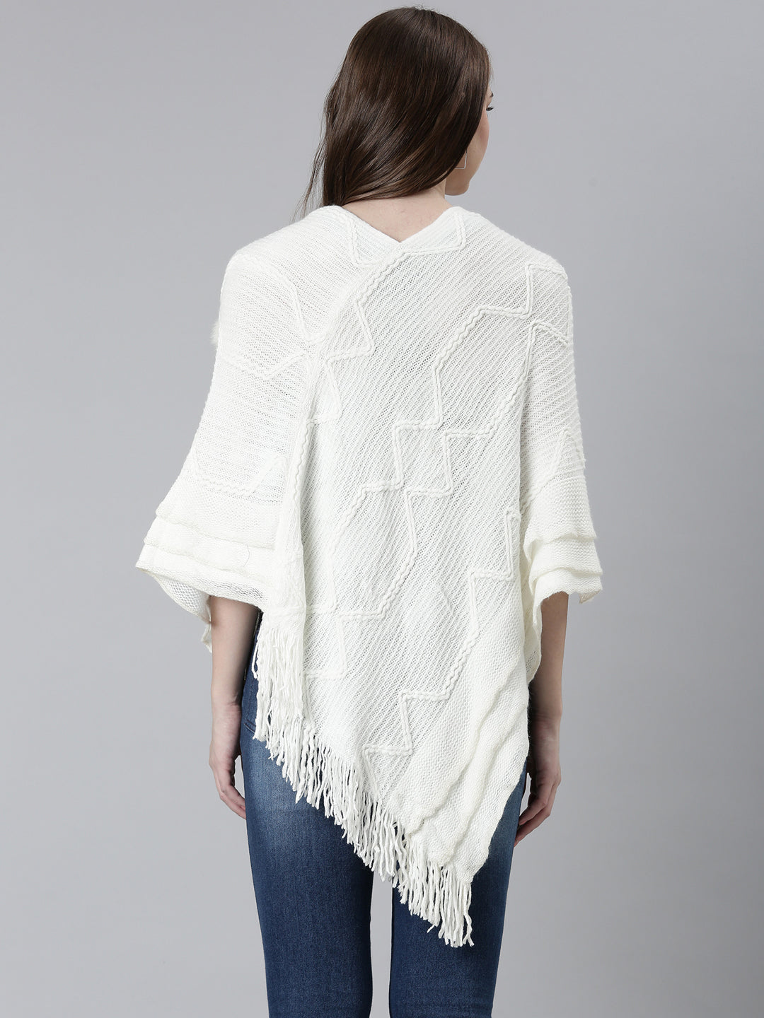 Women Off White Self Design Longline Poncho