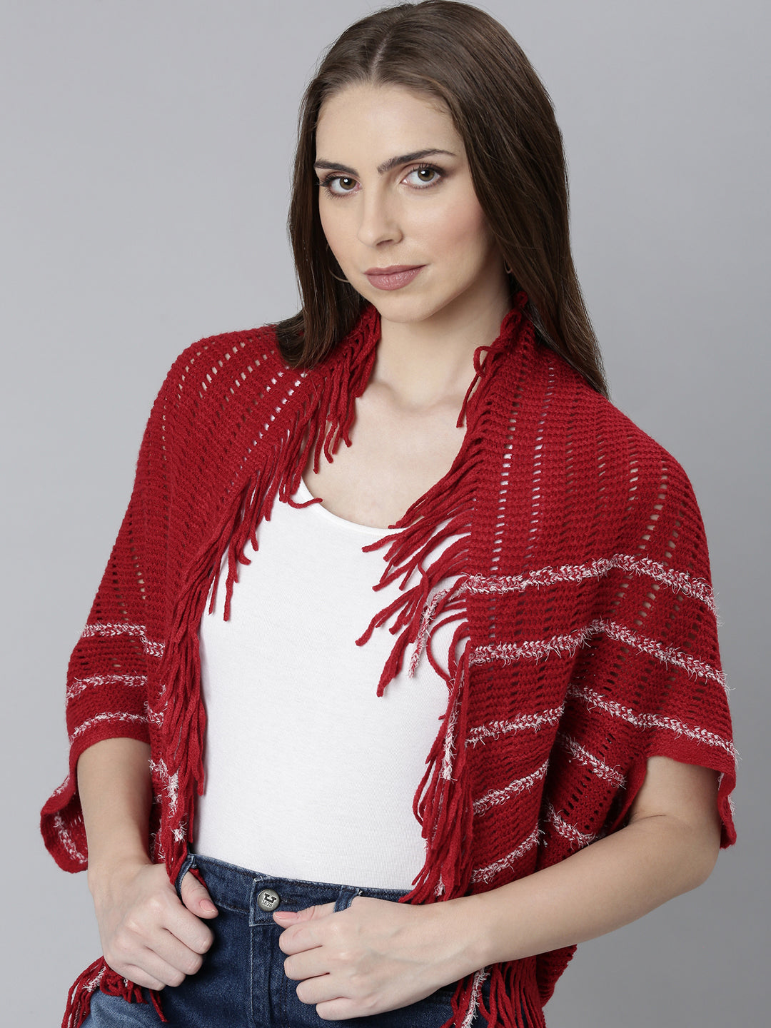 Women Red Self Design Poncho