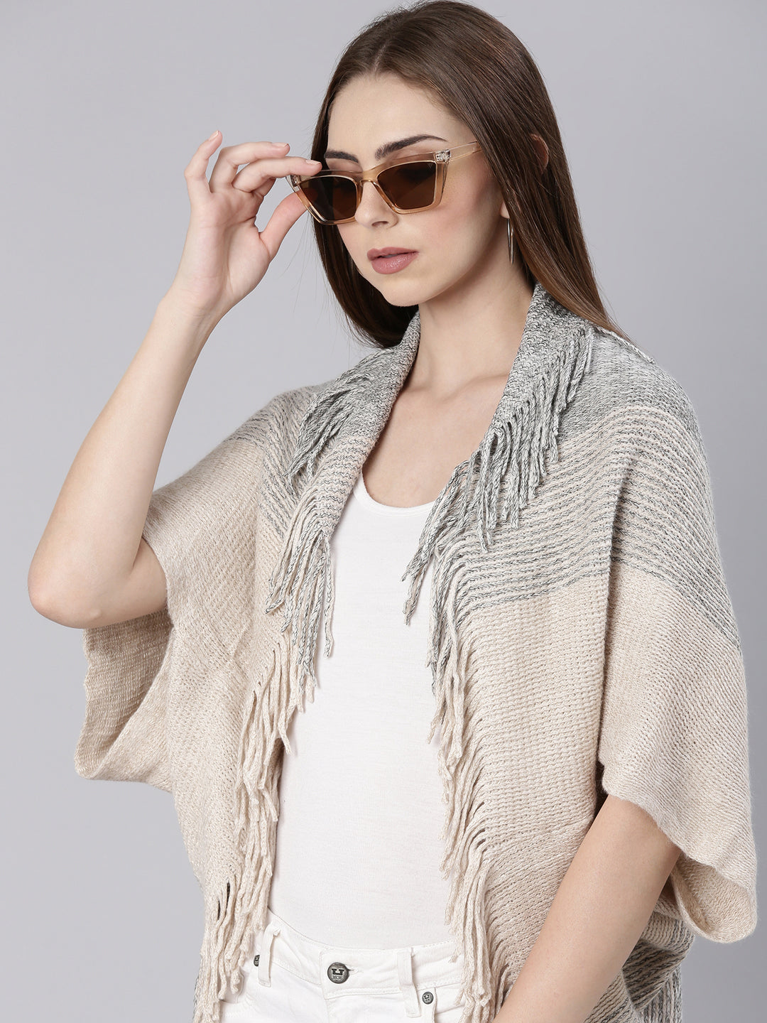 Women Beige Self Design Poncho