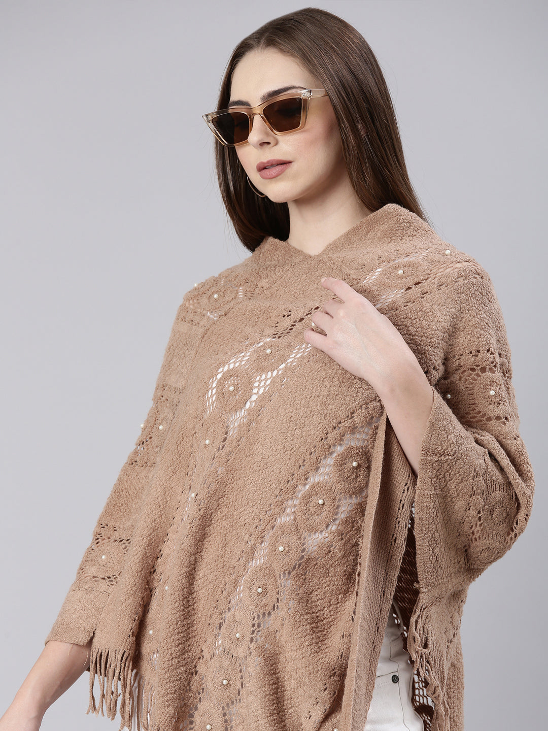 Women Coffee Brown Self Design Longline Poncho