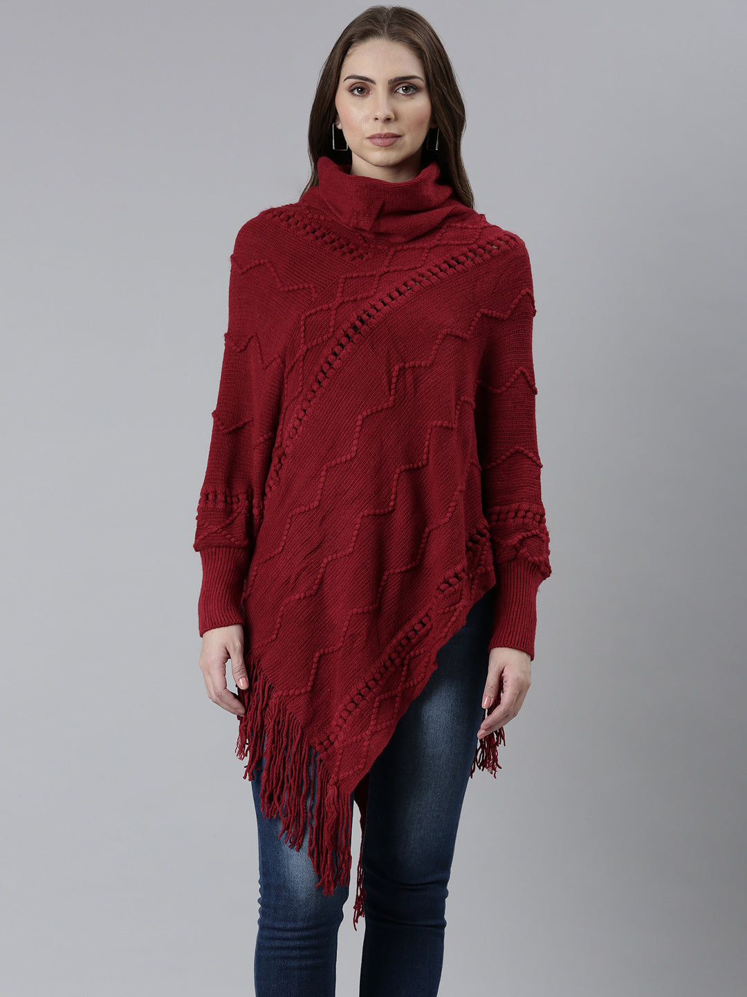 Women Maroon Self Design Longline Poncho