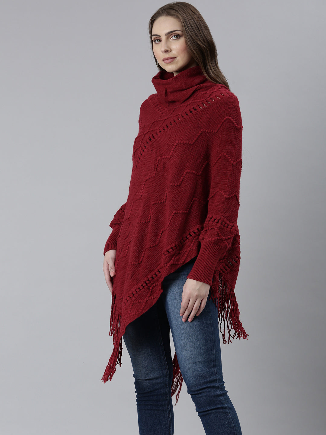 Women Maroon Self Design Longline Poncho