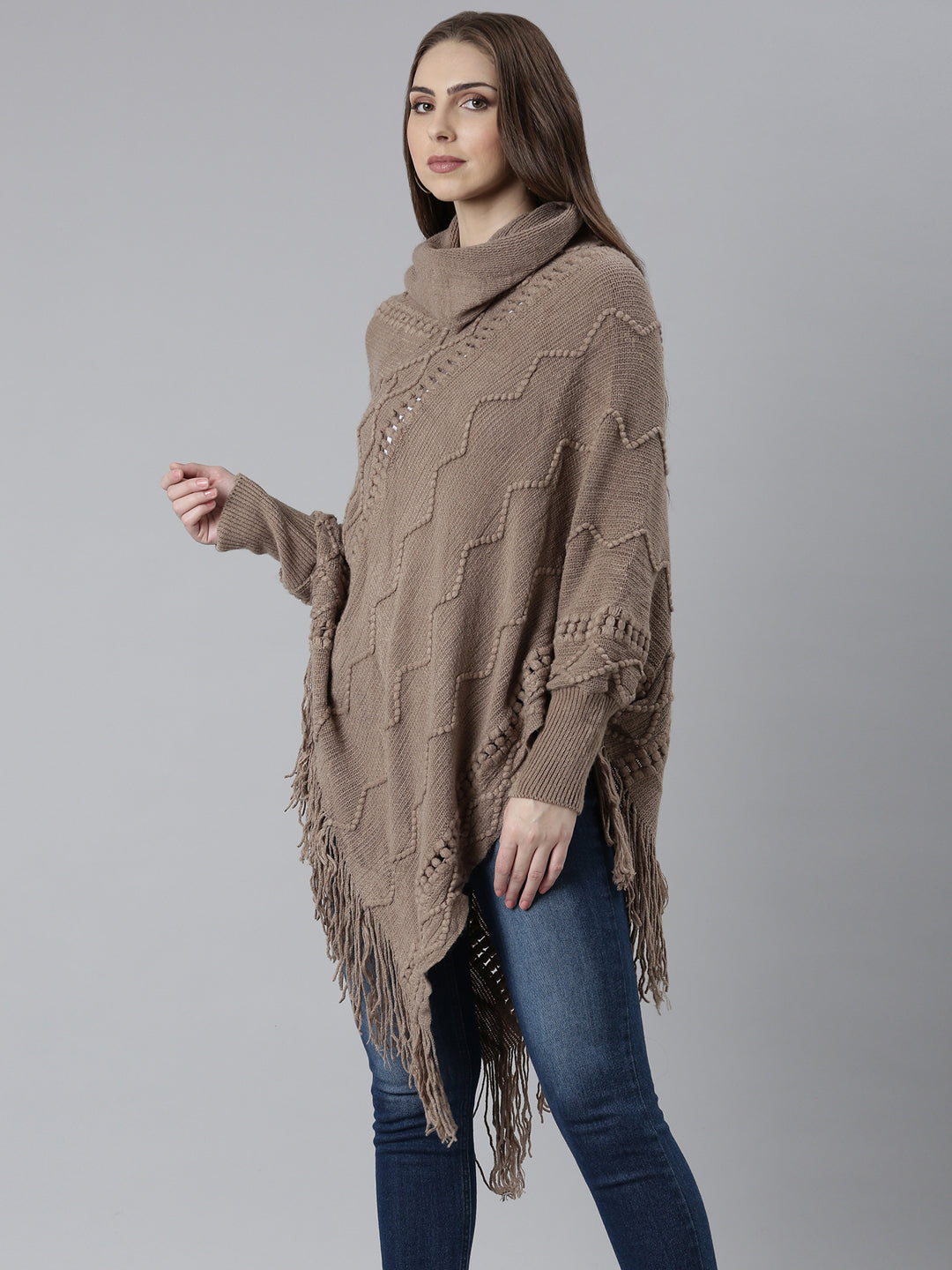 Women Taupe Self Design Longline Poncho