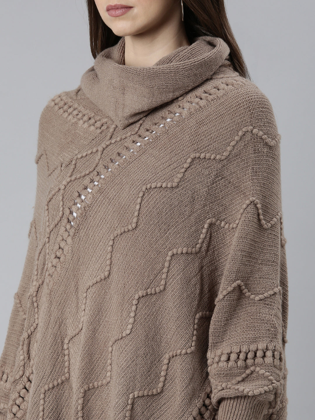 Women Taupe Self Design Longline Poncho