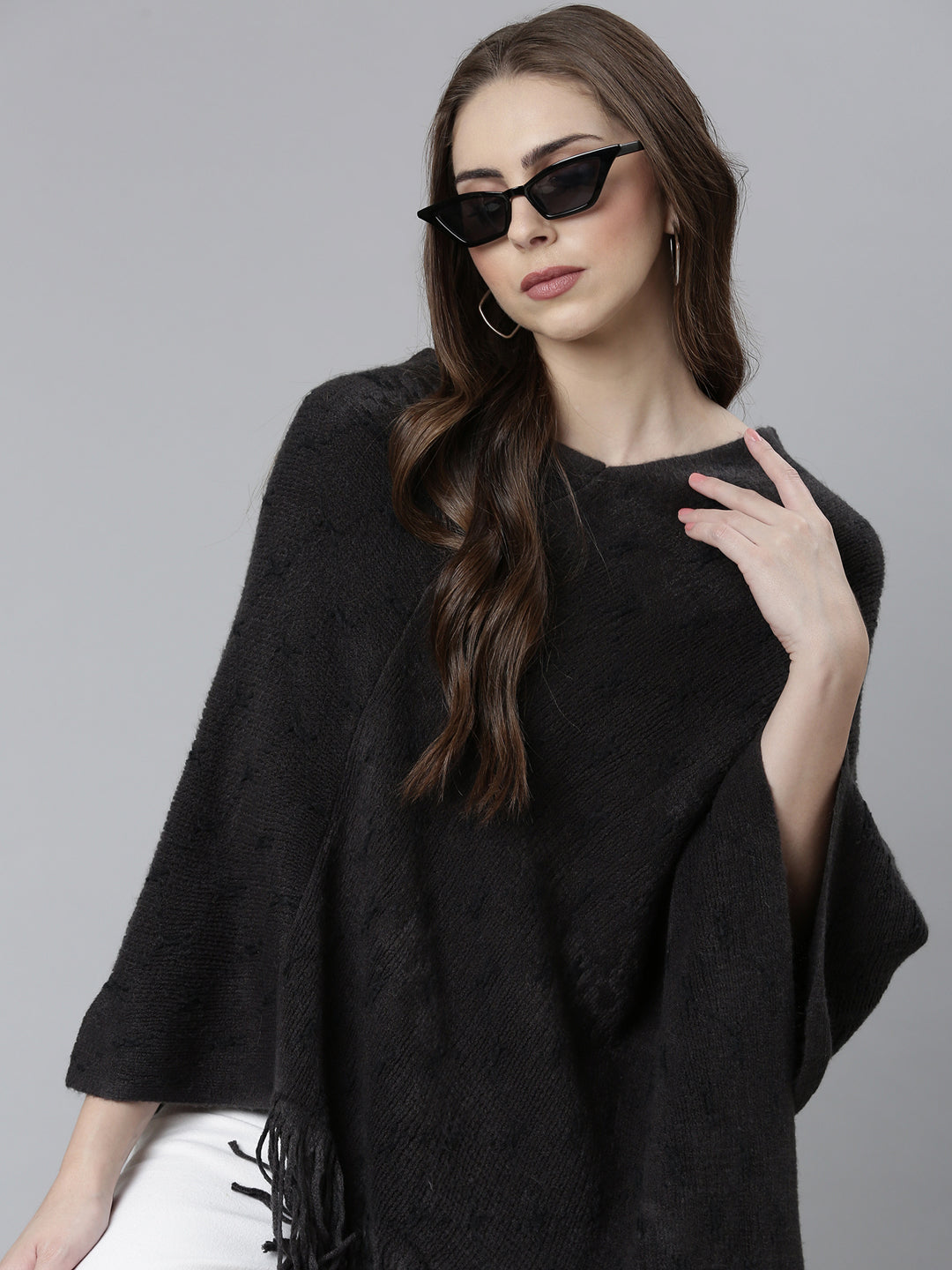 Women Grey Self Design Longline Poncho