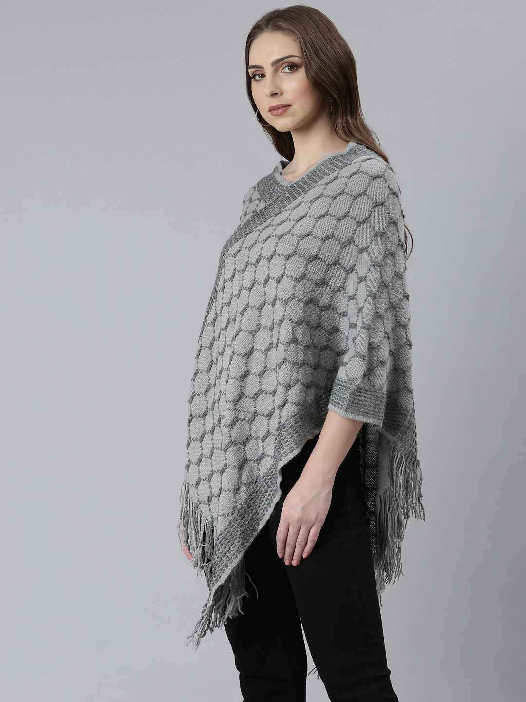 Women Grey Self Design Poncho