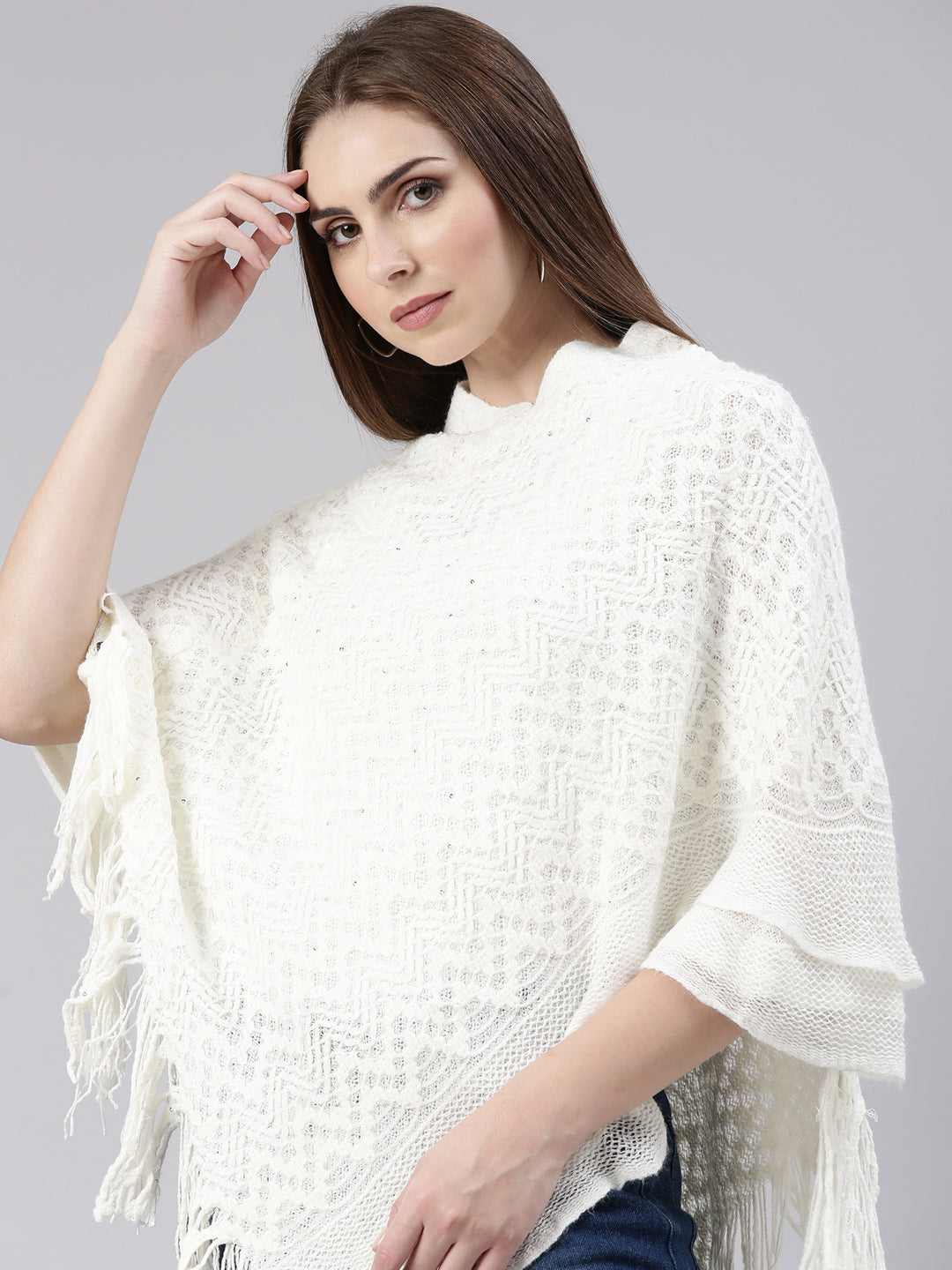 Women Off White Self Design Longline Poncho