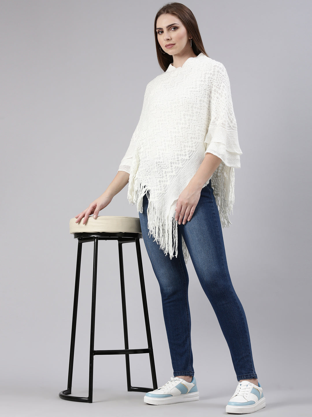 Women Off White Self Design Longline Poncho