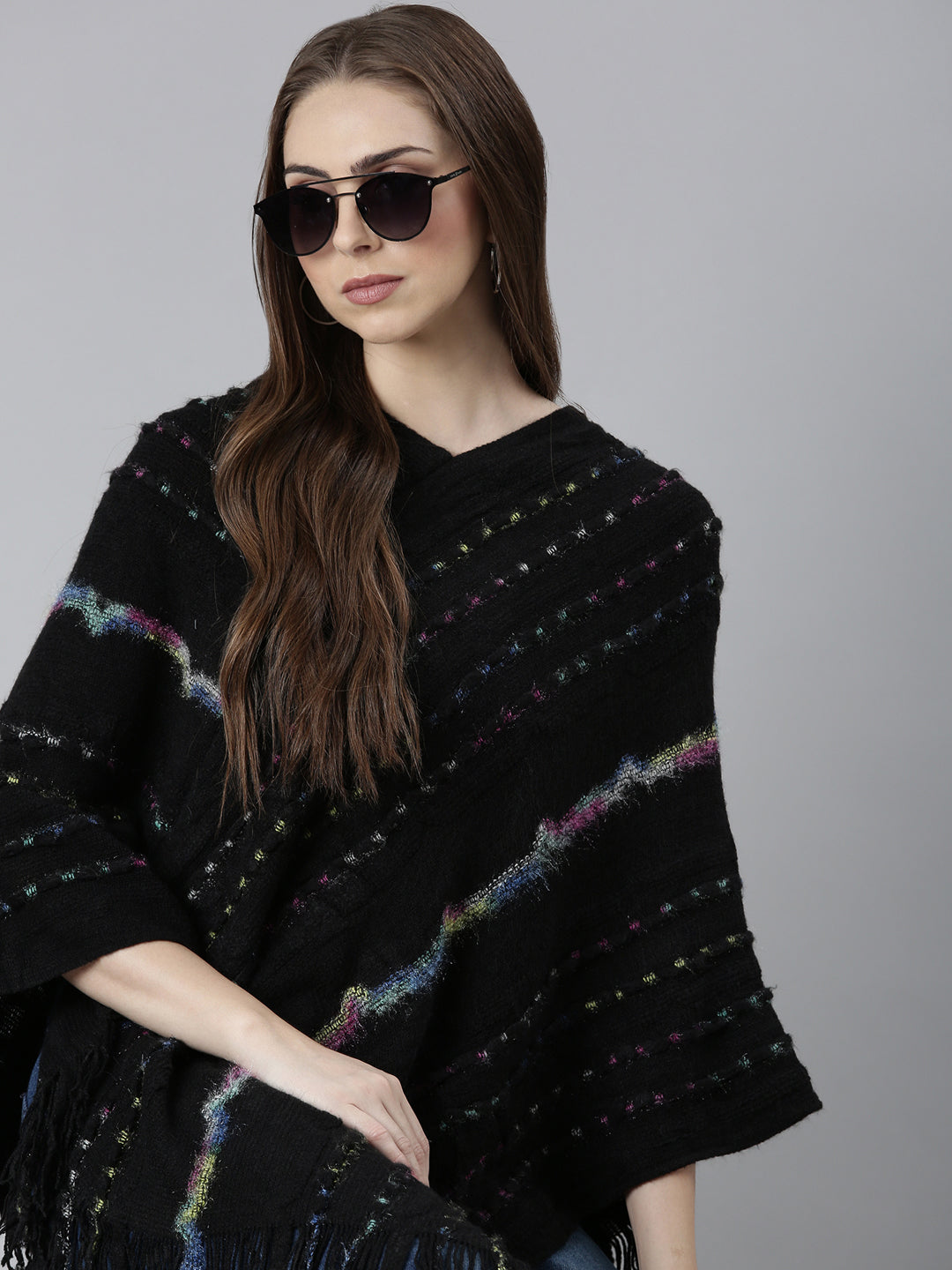 Women Black Striped Longline Poncho