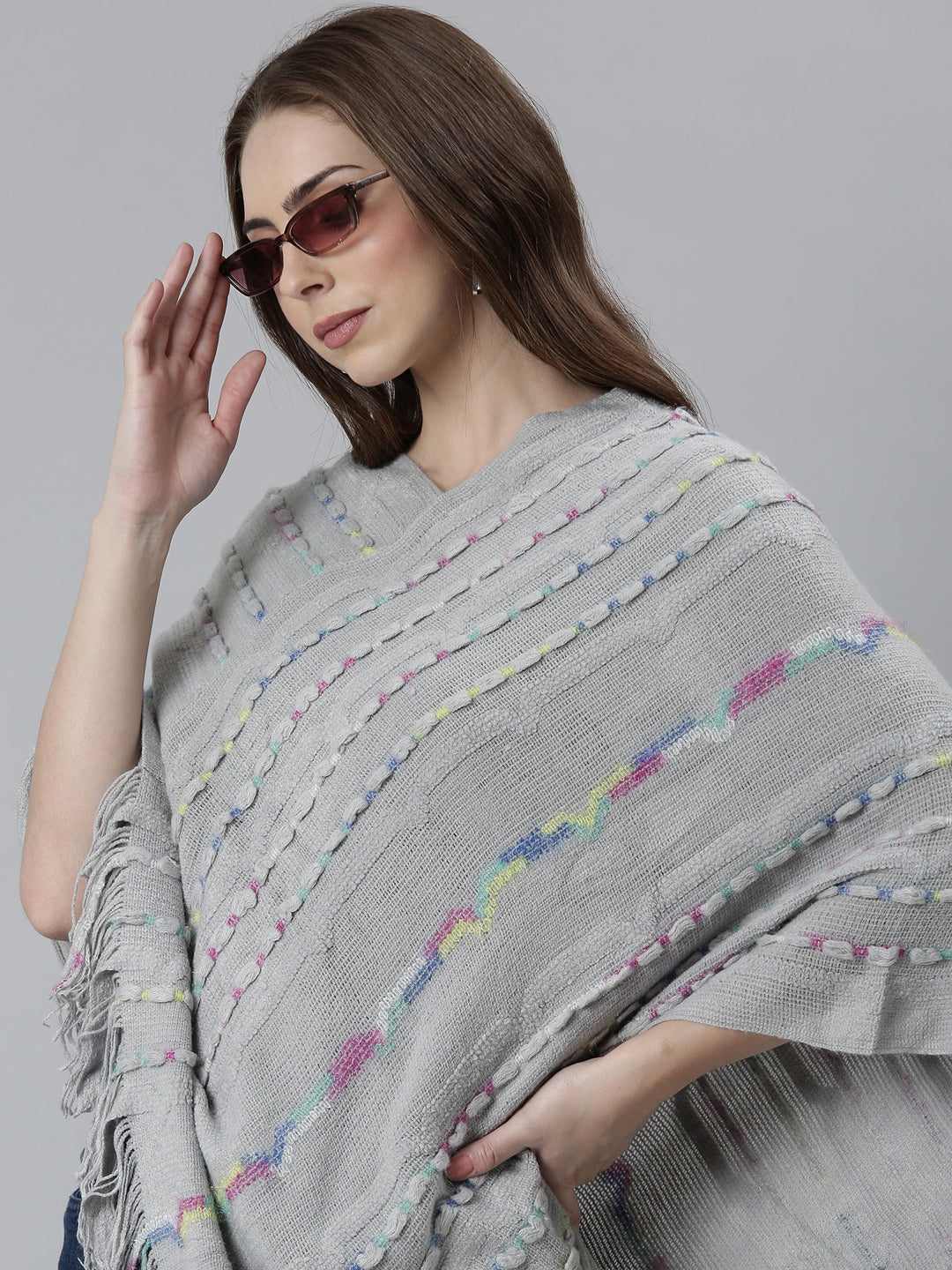 Women Grey Striped Longline Poncho