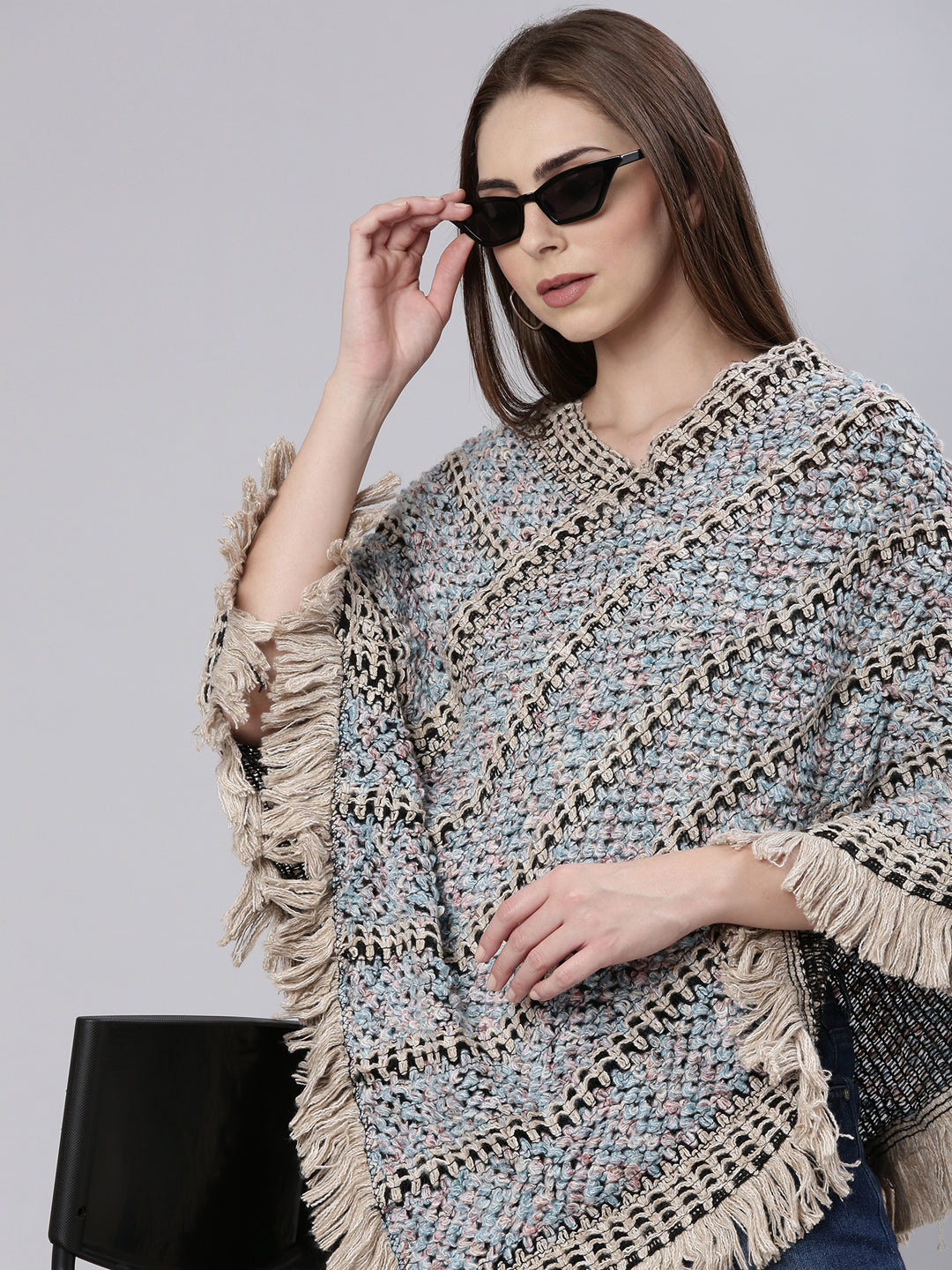 Women Beige Self Design Poncho