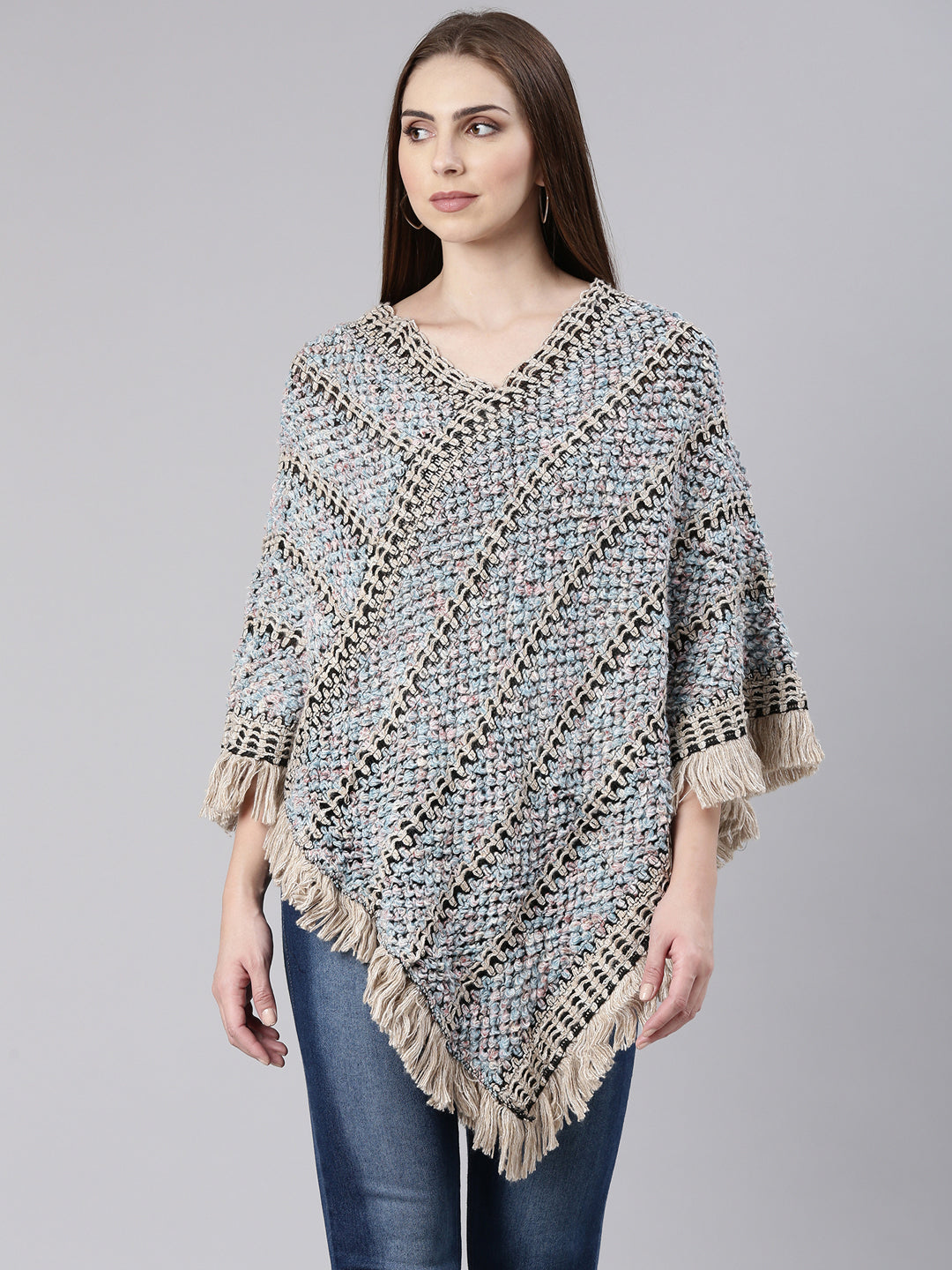 Women Beige Self Design Poncho