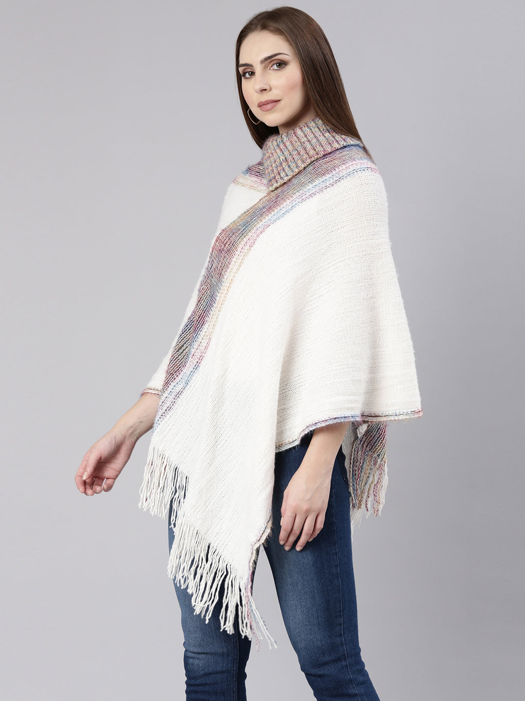 Women White Self Design Poncho