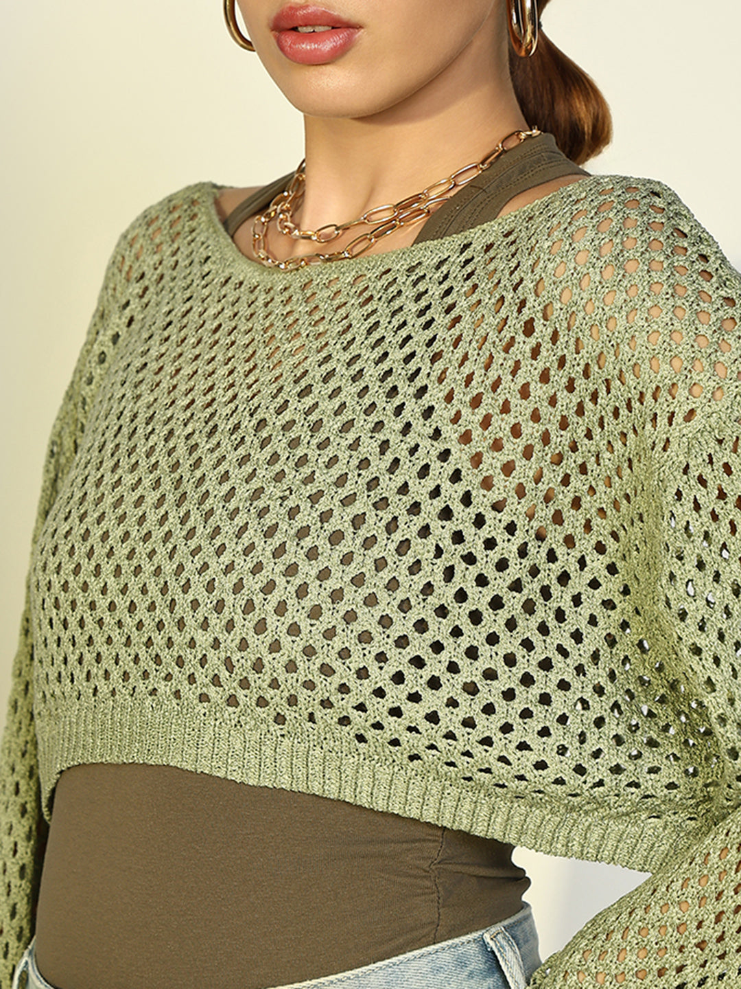 Women Solid Green Crochet Top with Tank Top