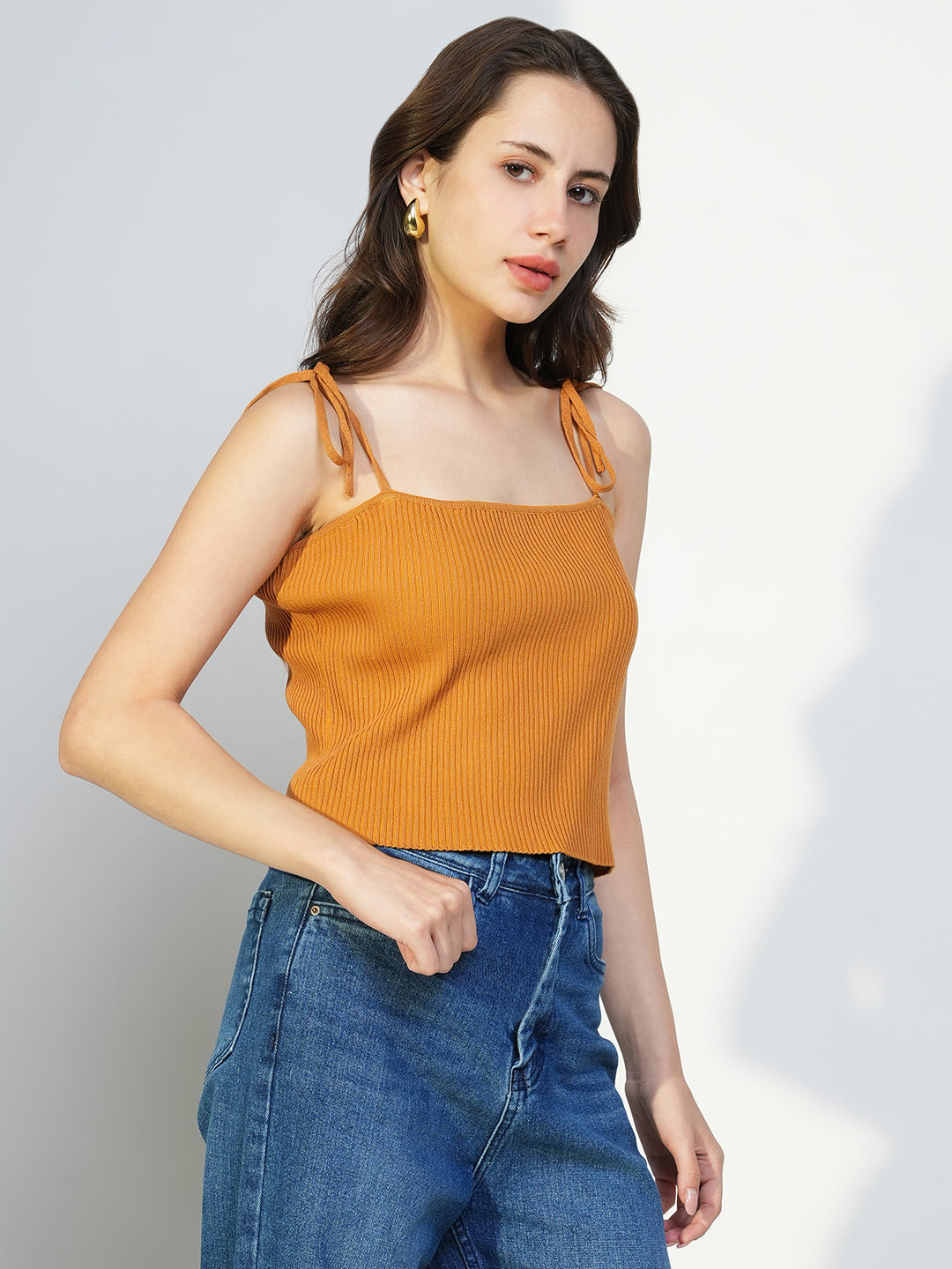 Women Mustard Solid Crop Top