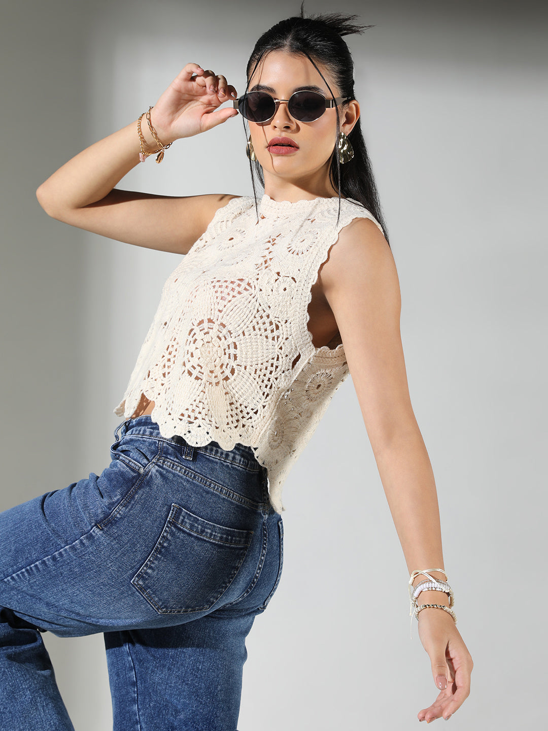 Women Cream Floral Crop Crochet Top