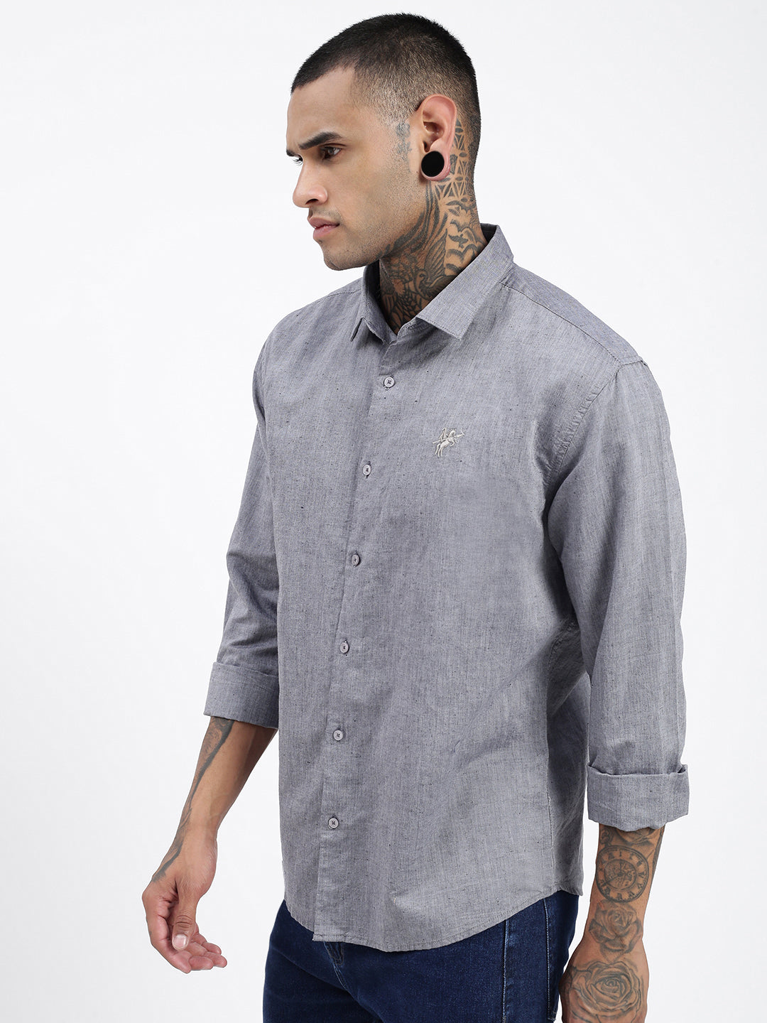 Men Solid Grey Slim Fit Shirt