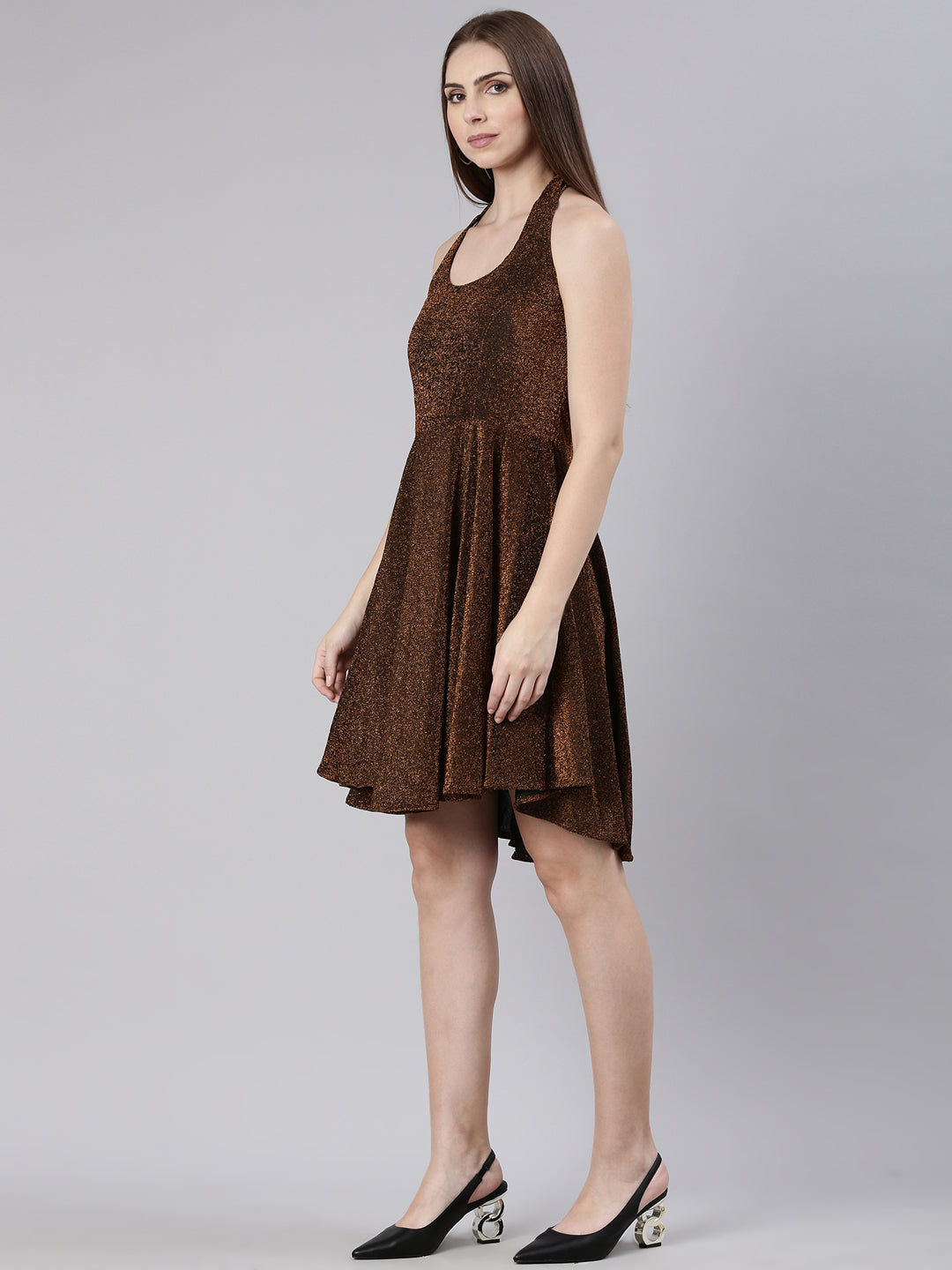Women Copper Solid Fit and Flare Dress