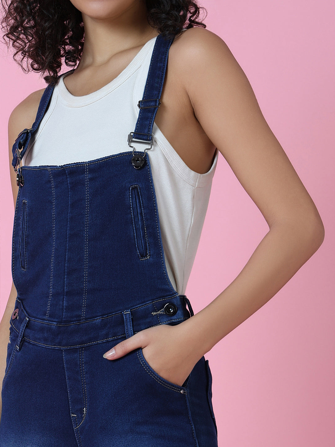 Women's Navy Blue Solid Dungaree