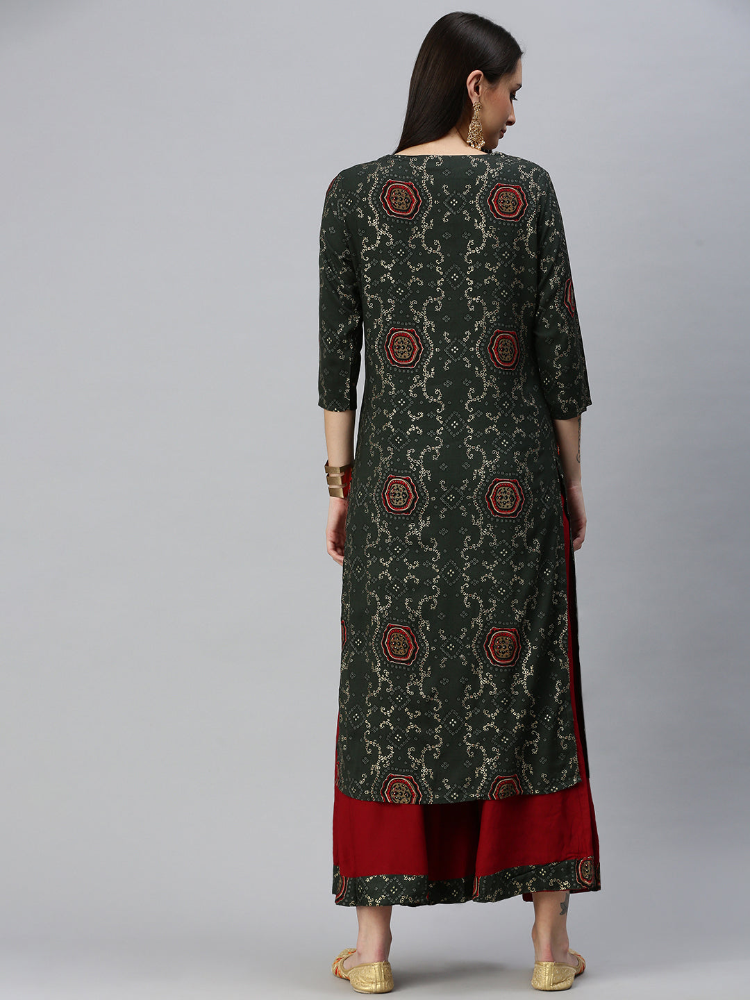 Women Straight Olive Embroidered Kurta and Palazzos