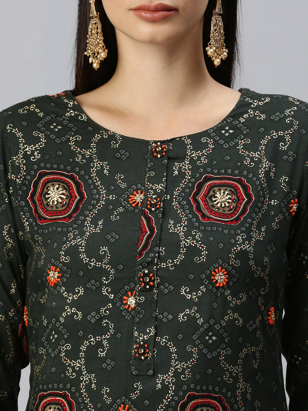 Women Straight Olive Embroidered Kurta and Palazzos