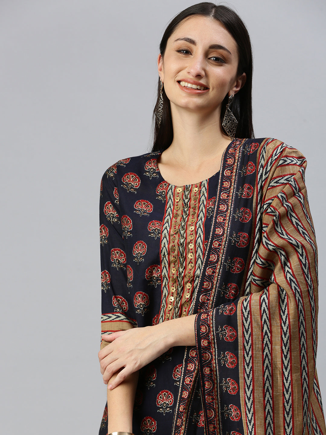 Women Straight Navy Blue Printed Kurta and Palazzos Comes with Dupatta