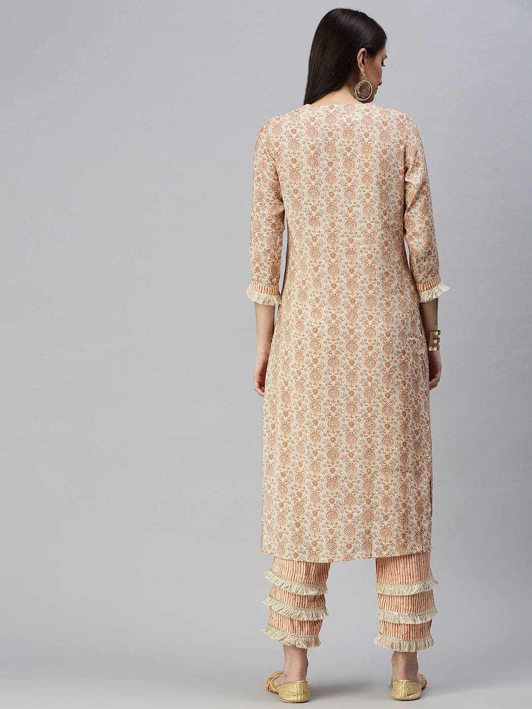 Women Straight Cream Printed Kurta and Trousers