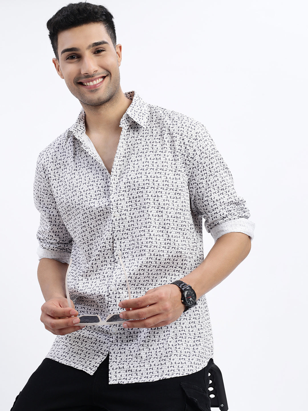 Men White Geometric Slim Fit Shirt