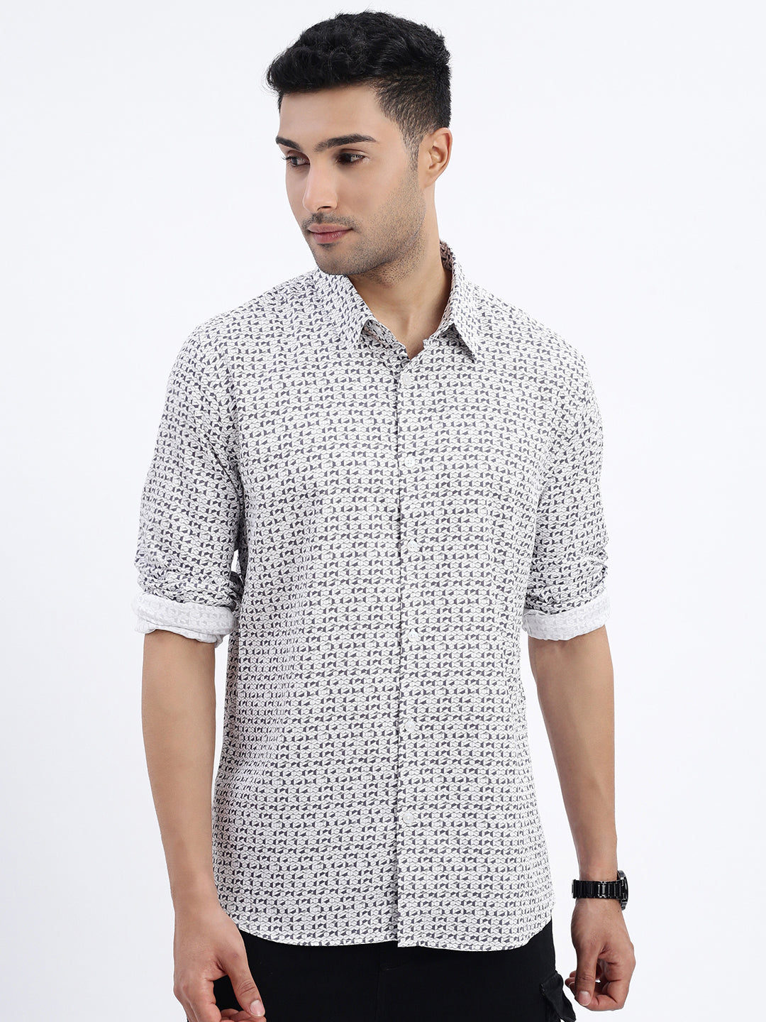 Men White Geometric Slim Fit Shirt