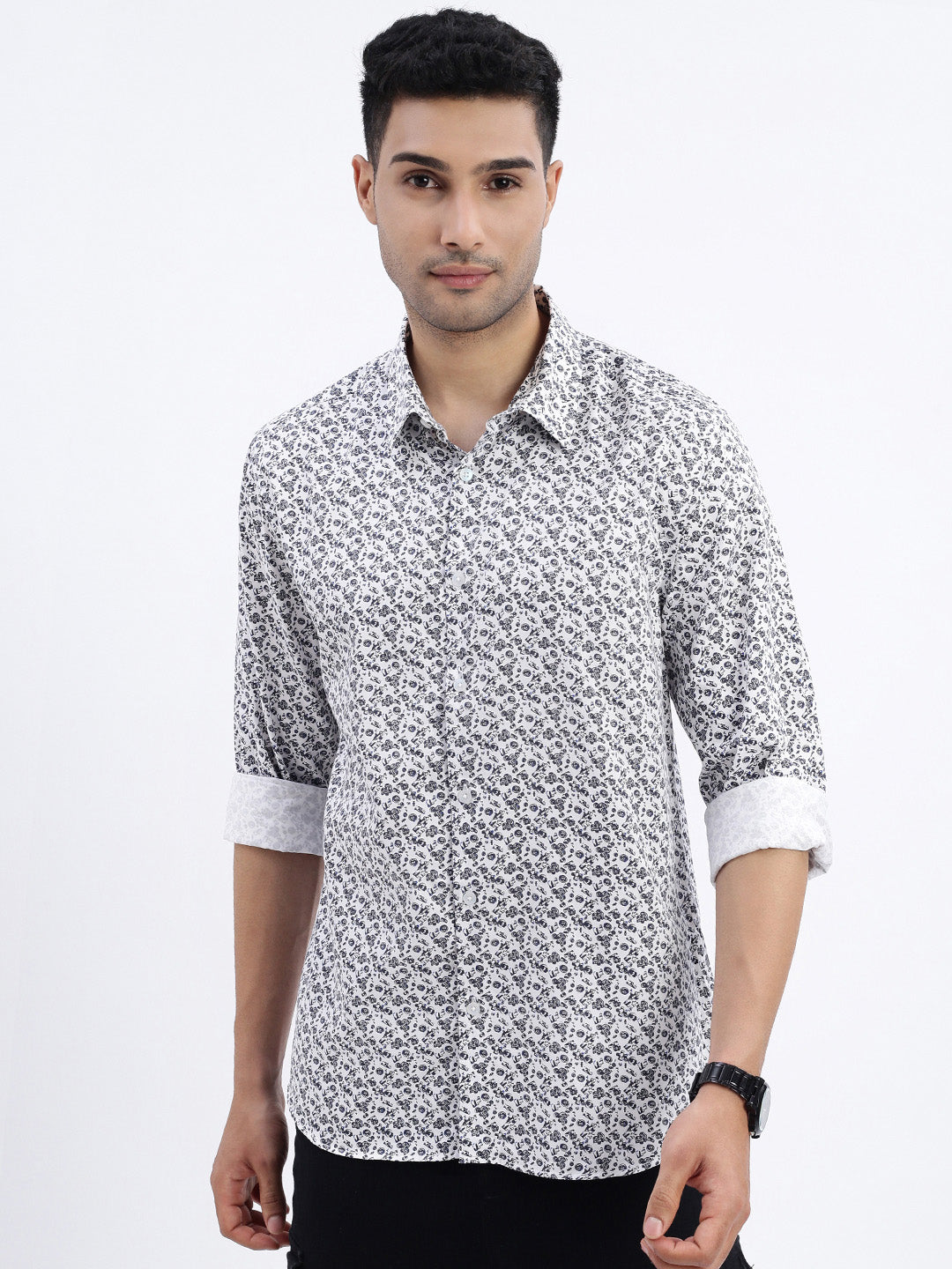 Men White Micro Print Slim Fit Shirt