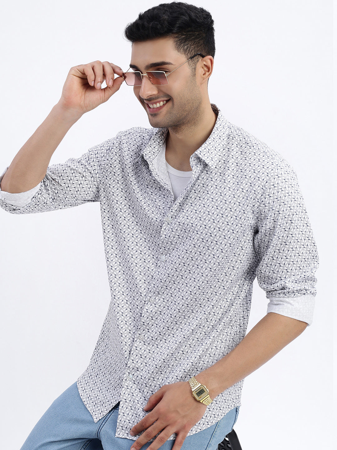 Men White Geometric Slim Fit Shirt