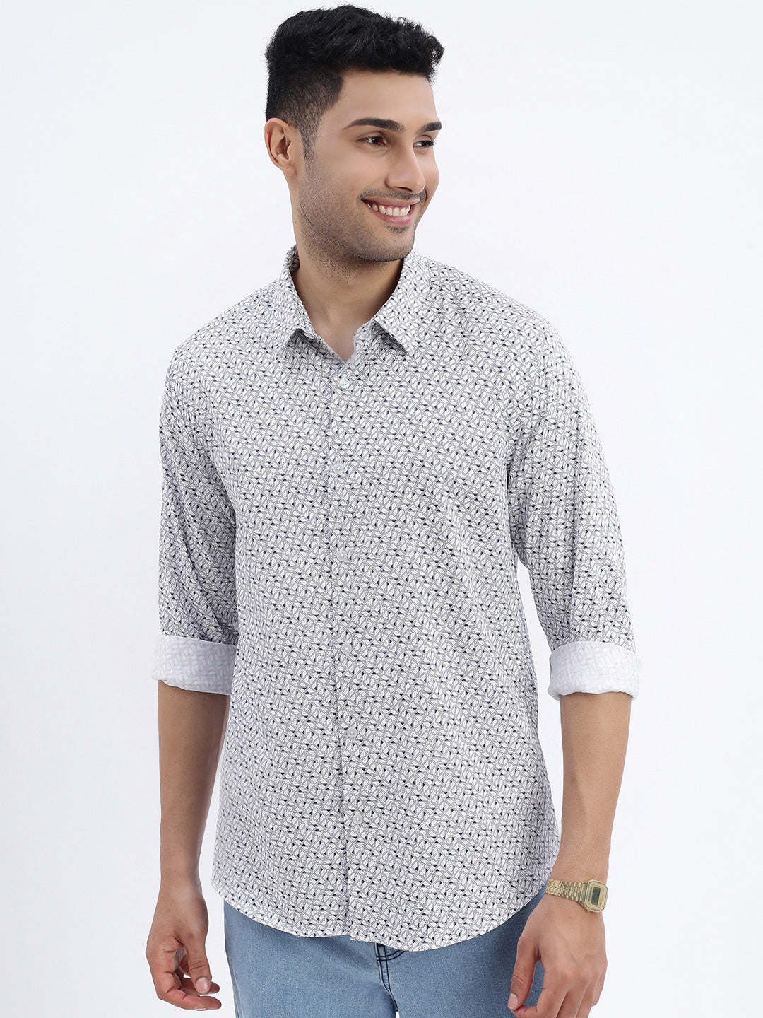 Men White Geometric Slim Fit Shirt