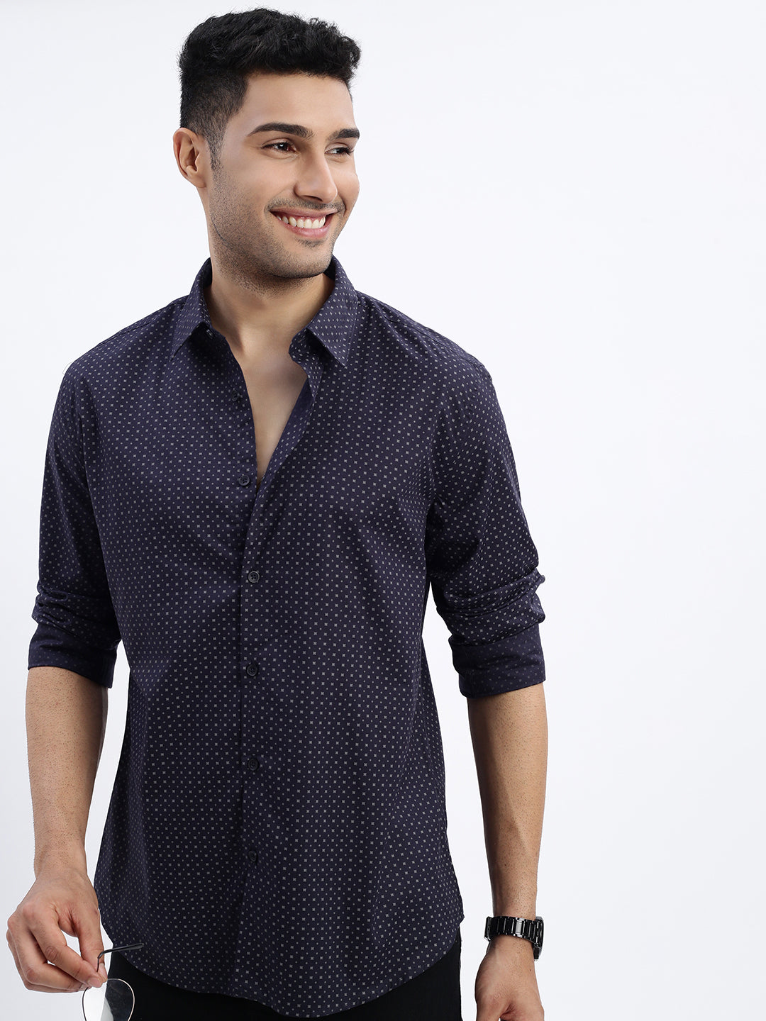 Men Navy Blue Micro Print Slim Fit Shirt