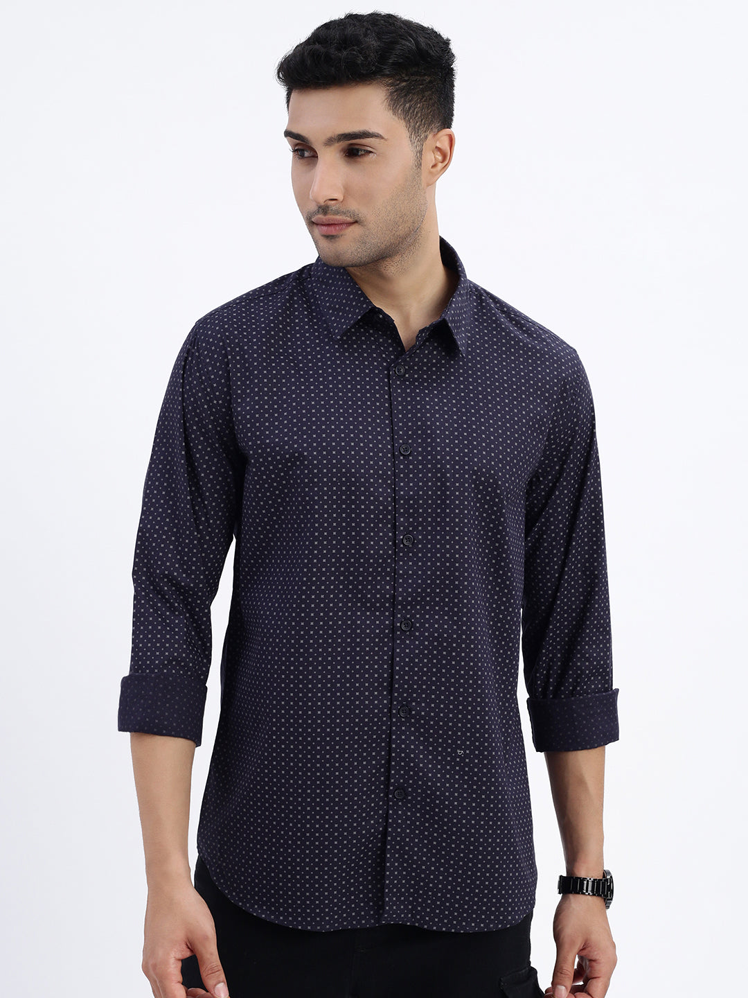 Men Navy Blue Micro Print Slim Fit Shirt