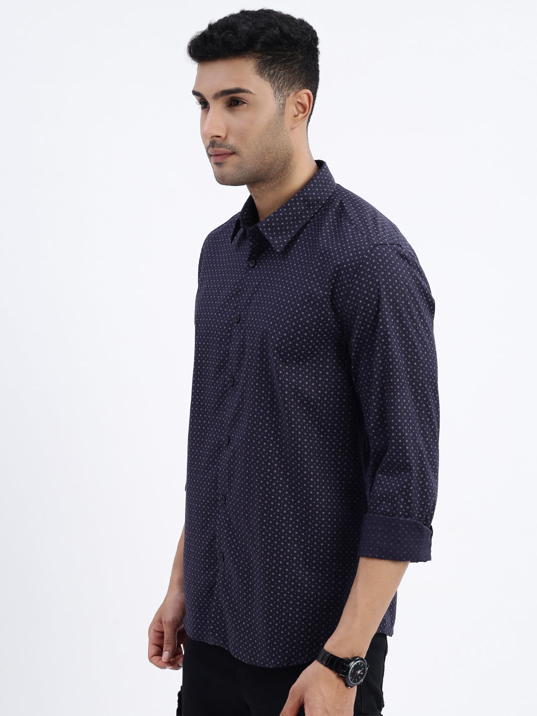 Men Navy Blue Micro Print Slim Fit Shirt