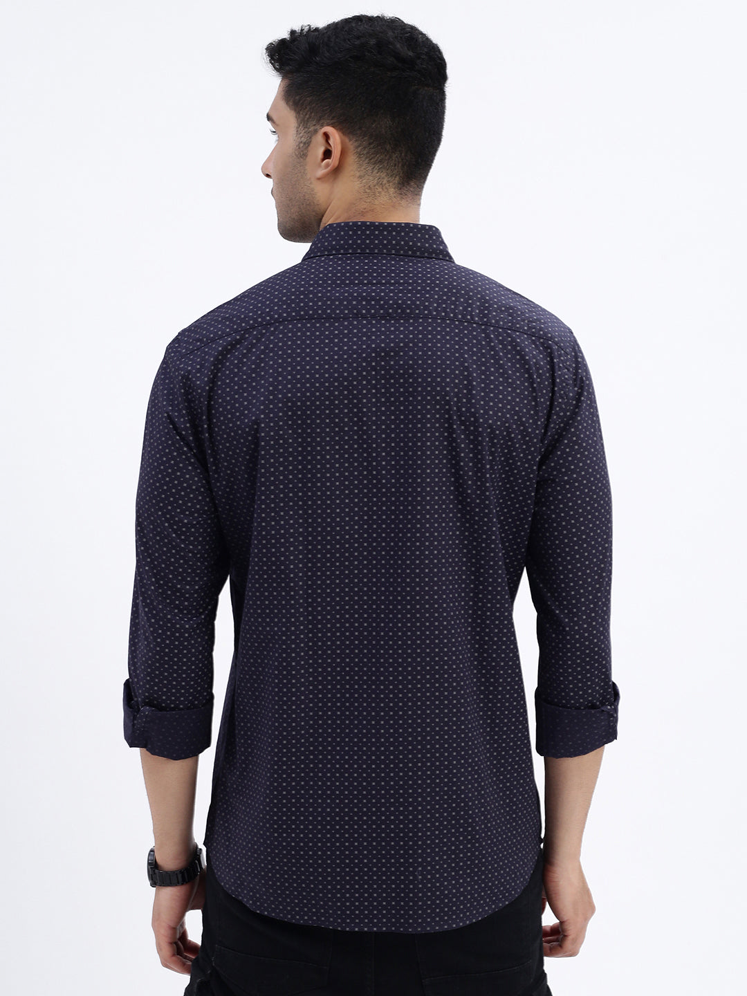 Men Navy Blue Micro Print Slim Fit Shirt