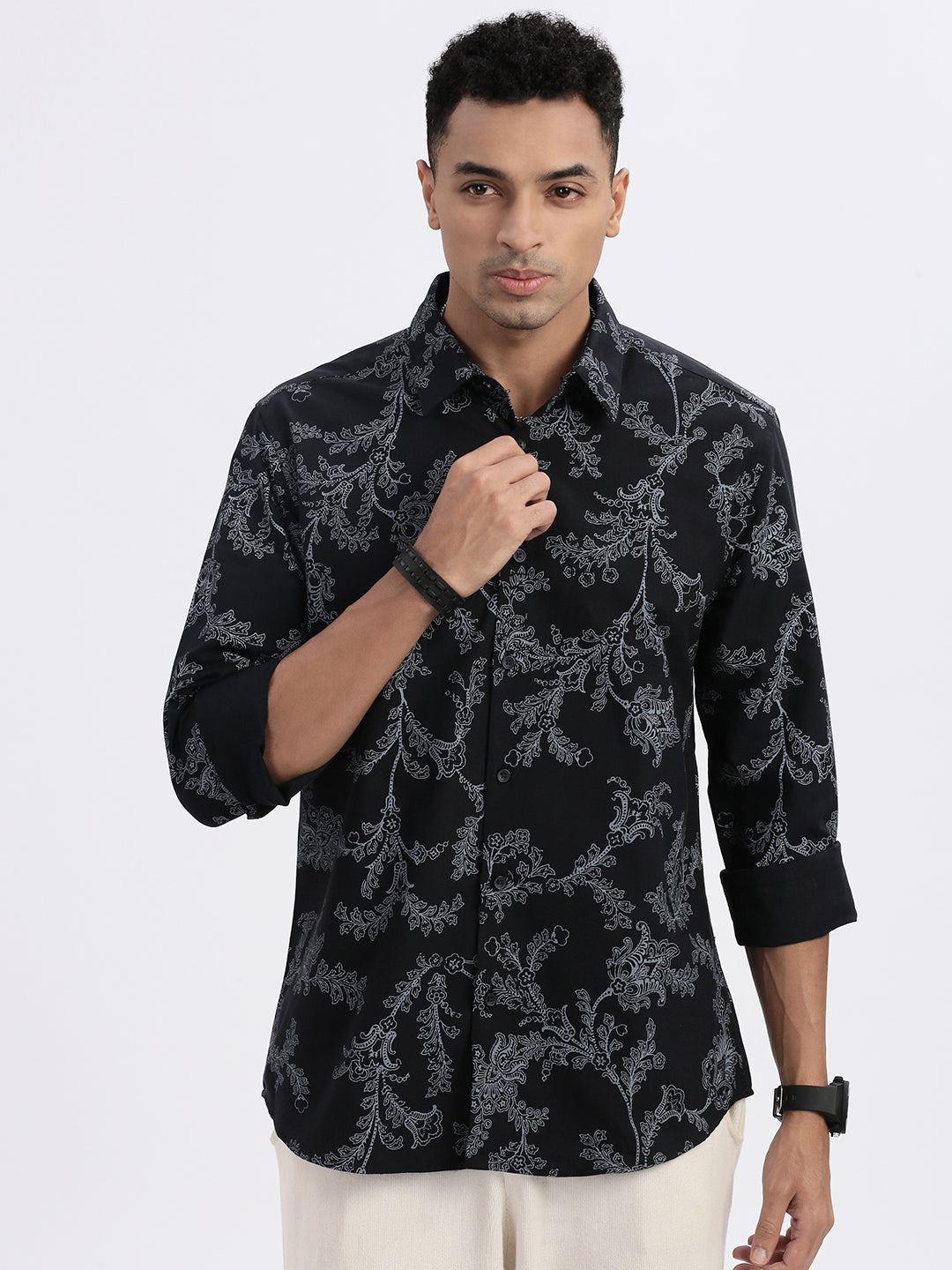 Men Black Floral Slim Fit Shirt