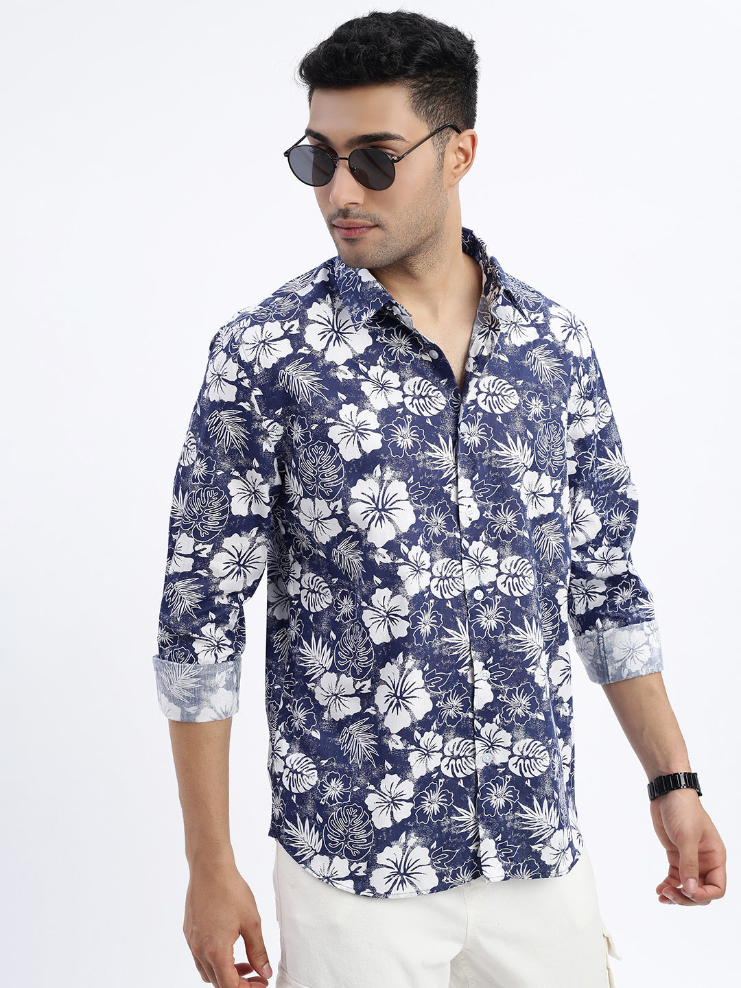 Men Navy Blue Floral Slim Fit Shirt