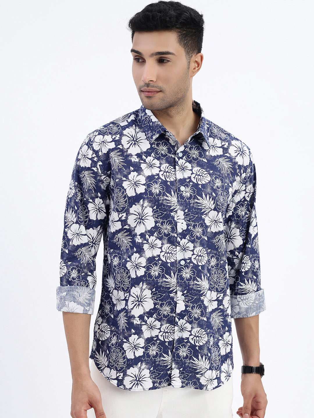 Men Navy Blue Floral Slim Fit Shirt